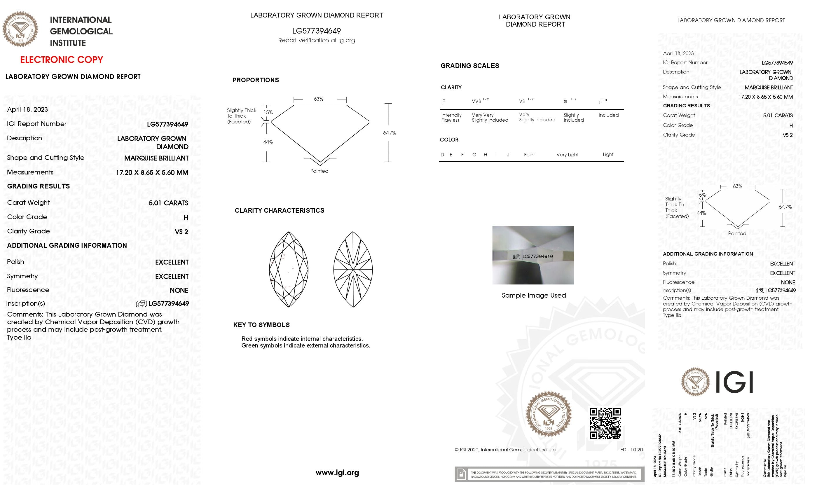 5.01 Ct. Marquise Wholesale IGI Certified Lab Grown Loose Diamond. (VS2 / H)