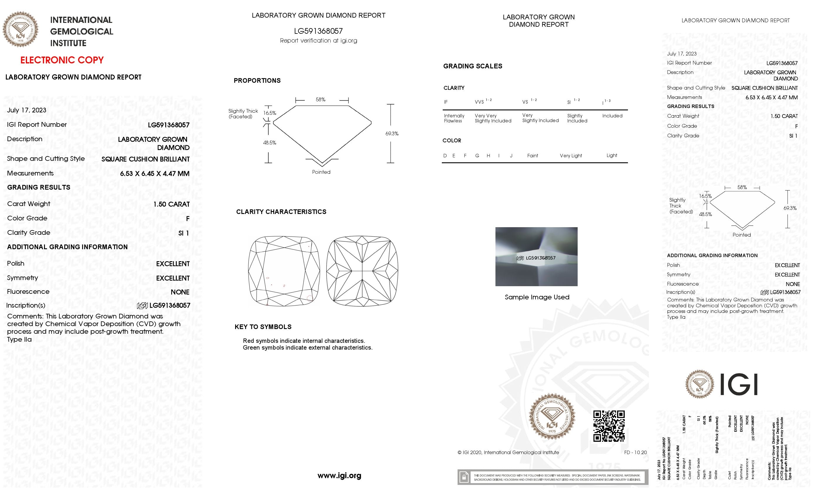 1.50 ct. Cushion Wholesale IGI Certified Lab Grown Loose Diamond. (SI1 / F)