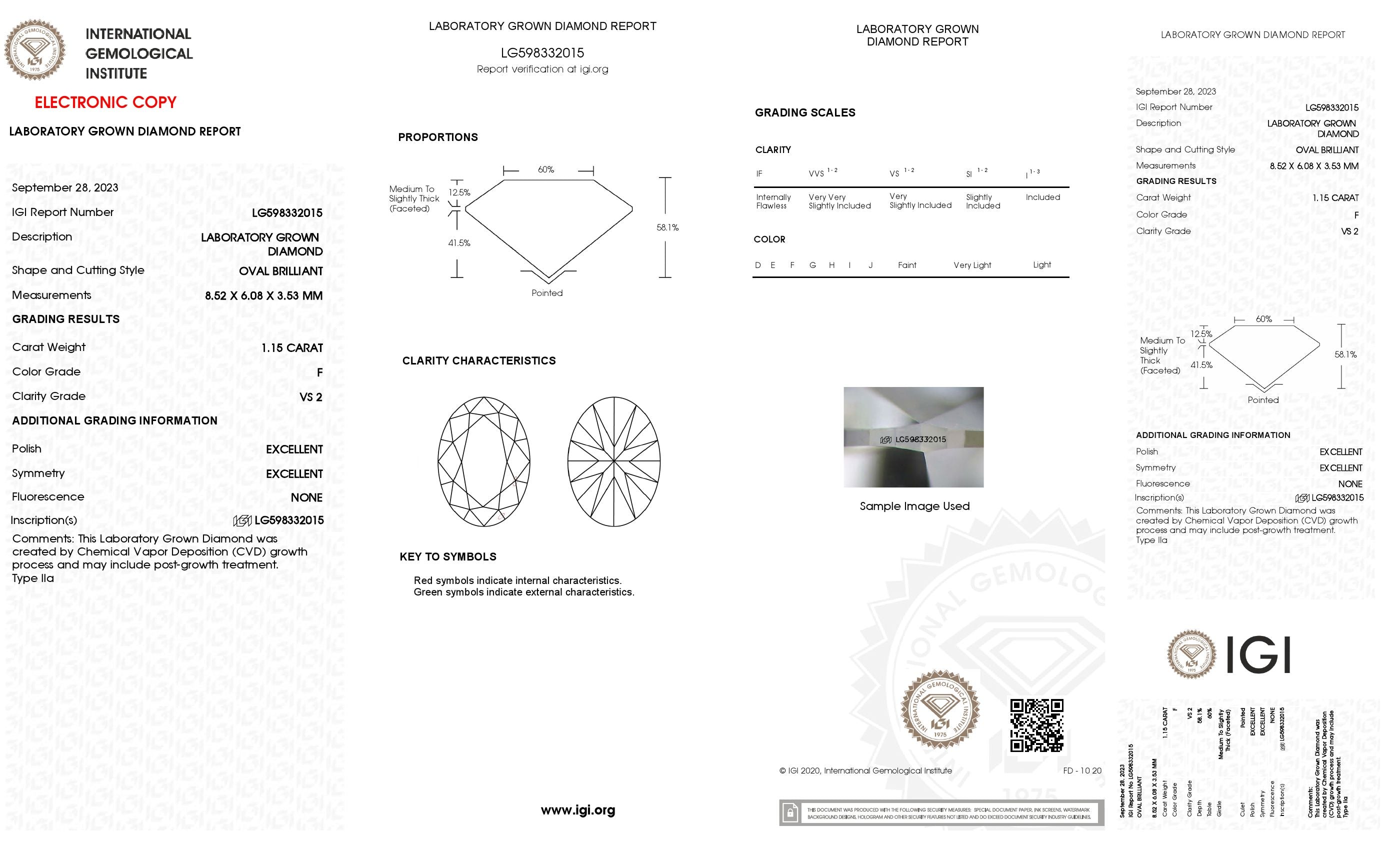 1.15 ct. Oval Wholesale IGI Certified Lab Grown Loose Diamond. (VS2 / F)