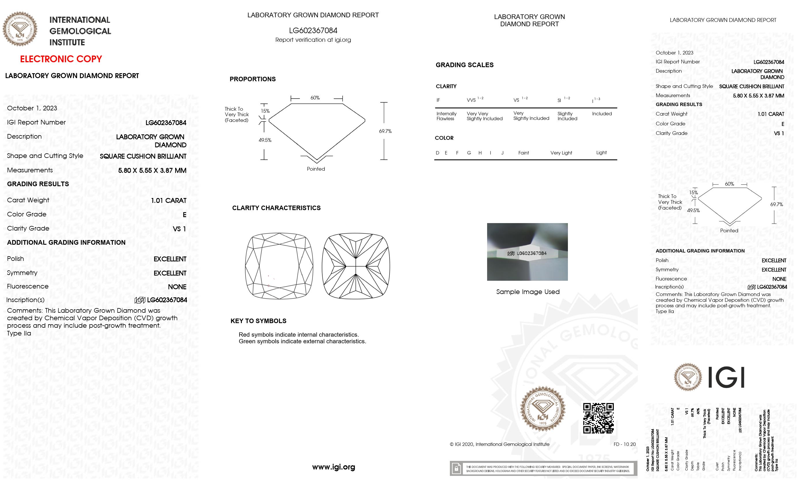 1.01 ct. Cushion Wholesale IGI Certified Lab Grown Loose Diamond. (VS1 / E)