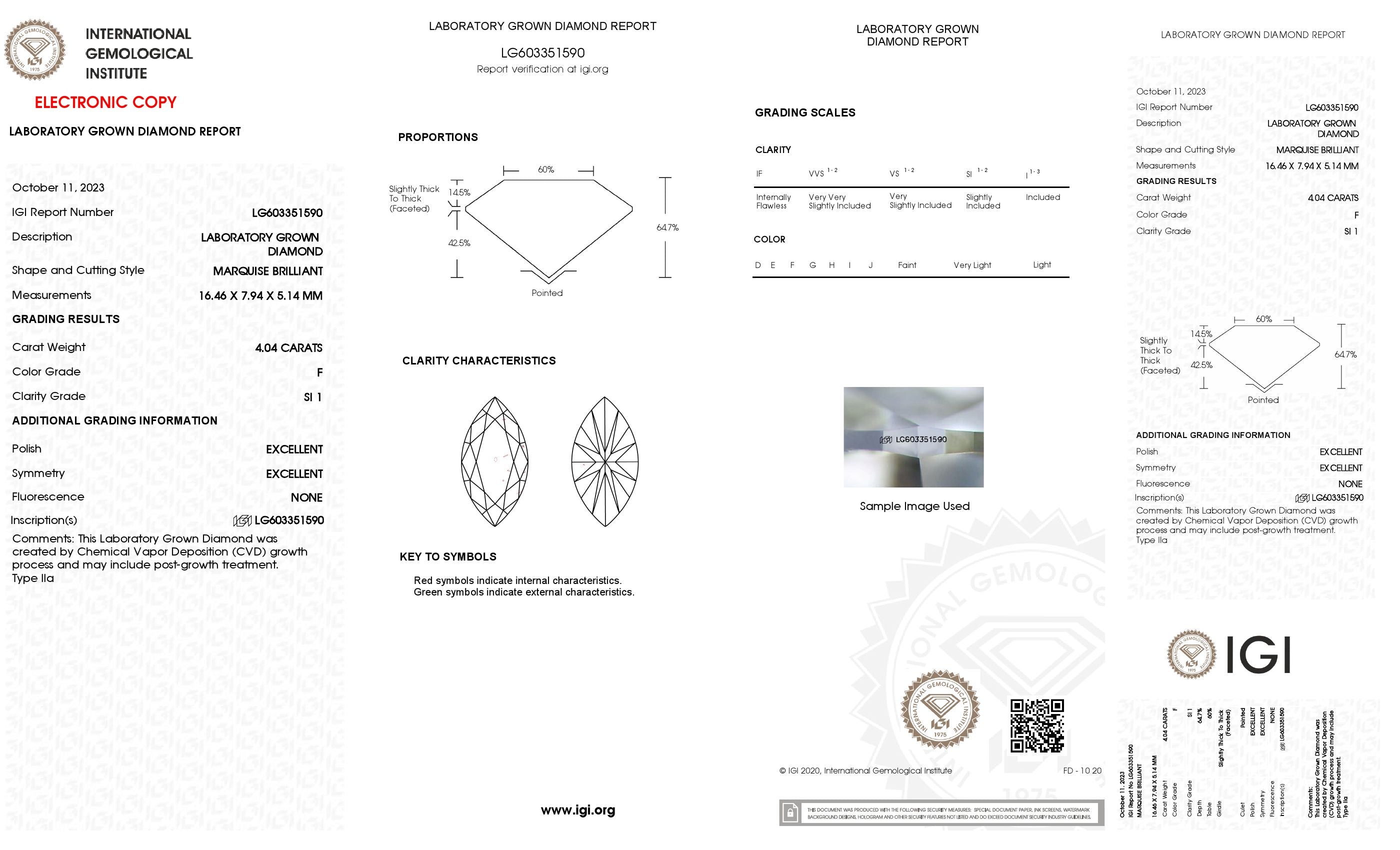 4.04 Ct. Marquise Wholesale IGI Certified Lab Grown Loose Diamond. (SI1 / F)