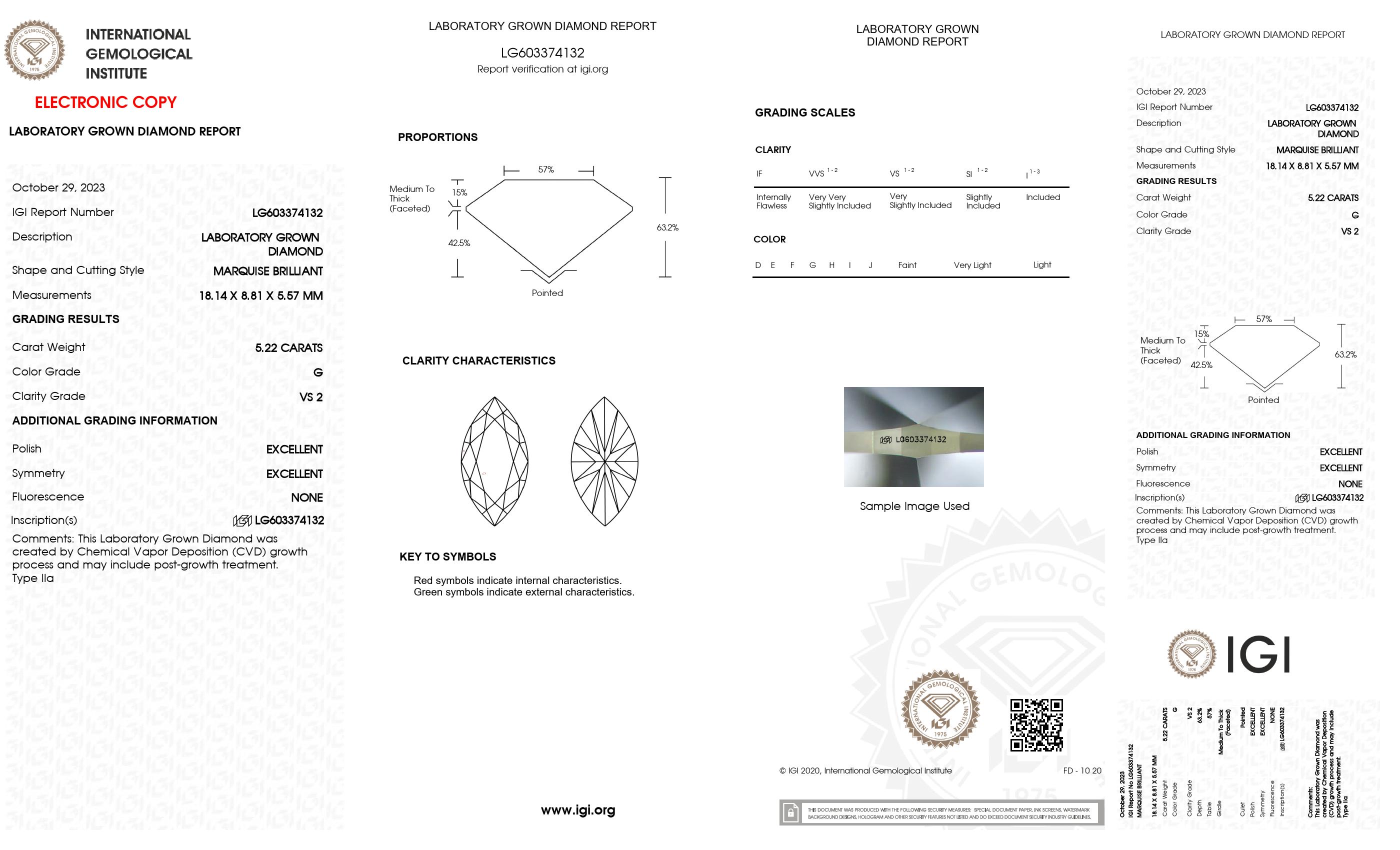 5.22 Ct. Marquise Wholesale IGI Certified Lab Grown Loose Diamond. (VS2 / G)