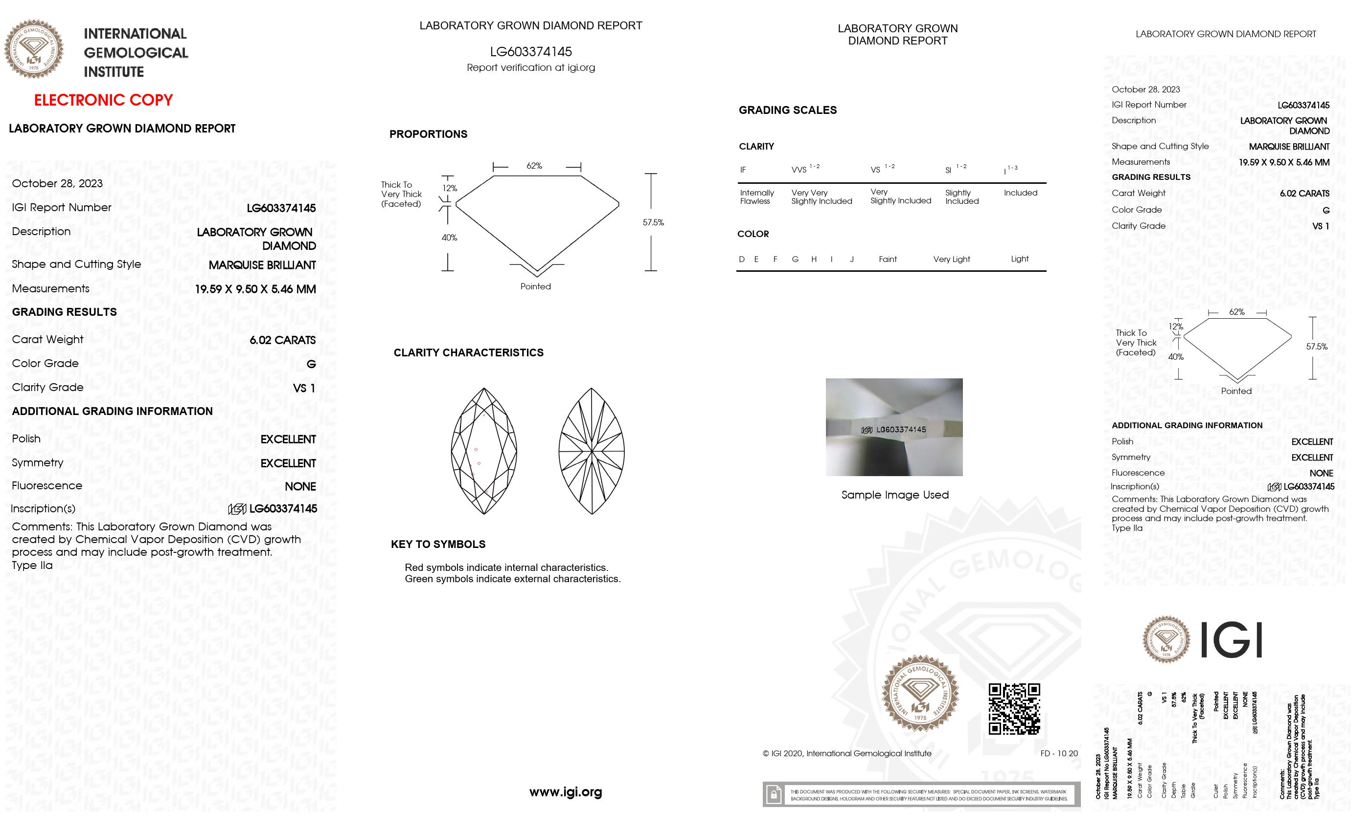 6.02 Ct. Marquise Wholesale IGI Certified Lab Grown Loose Diamond. (VS1 / G)