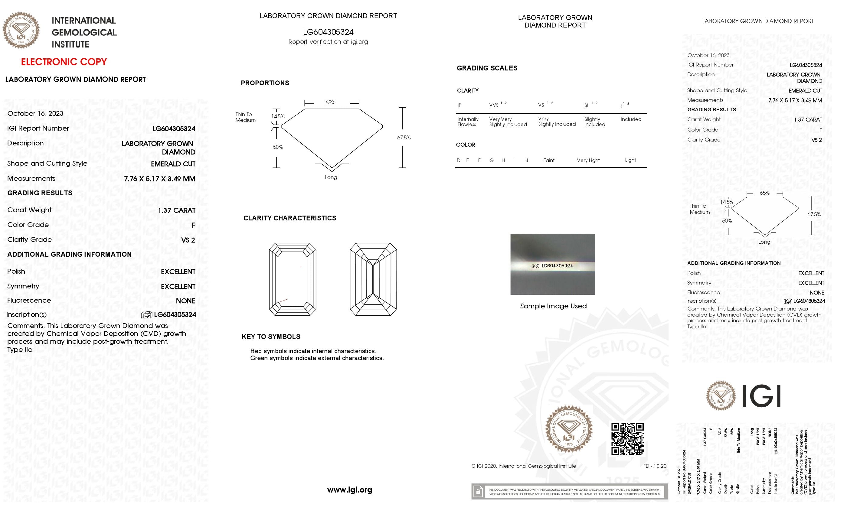 1.37 ct. Emerald Wholesale IGI Certified Lab Grown Loose Diamond. (VS2 / F)
