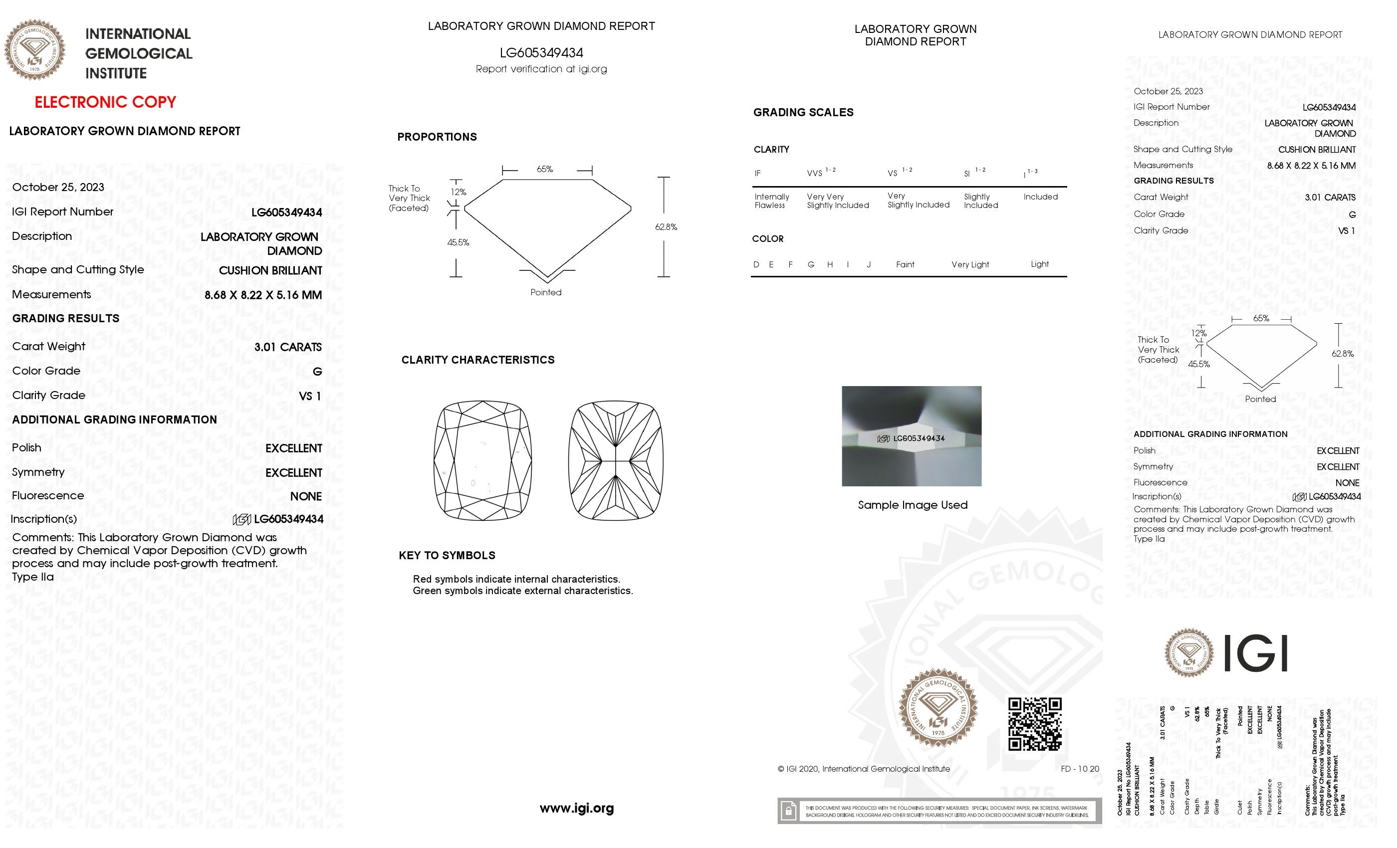 3.01 ct. Cushion Wholesale IGI Certified Lab Grown Loose Diamond. (VS1 / G)