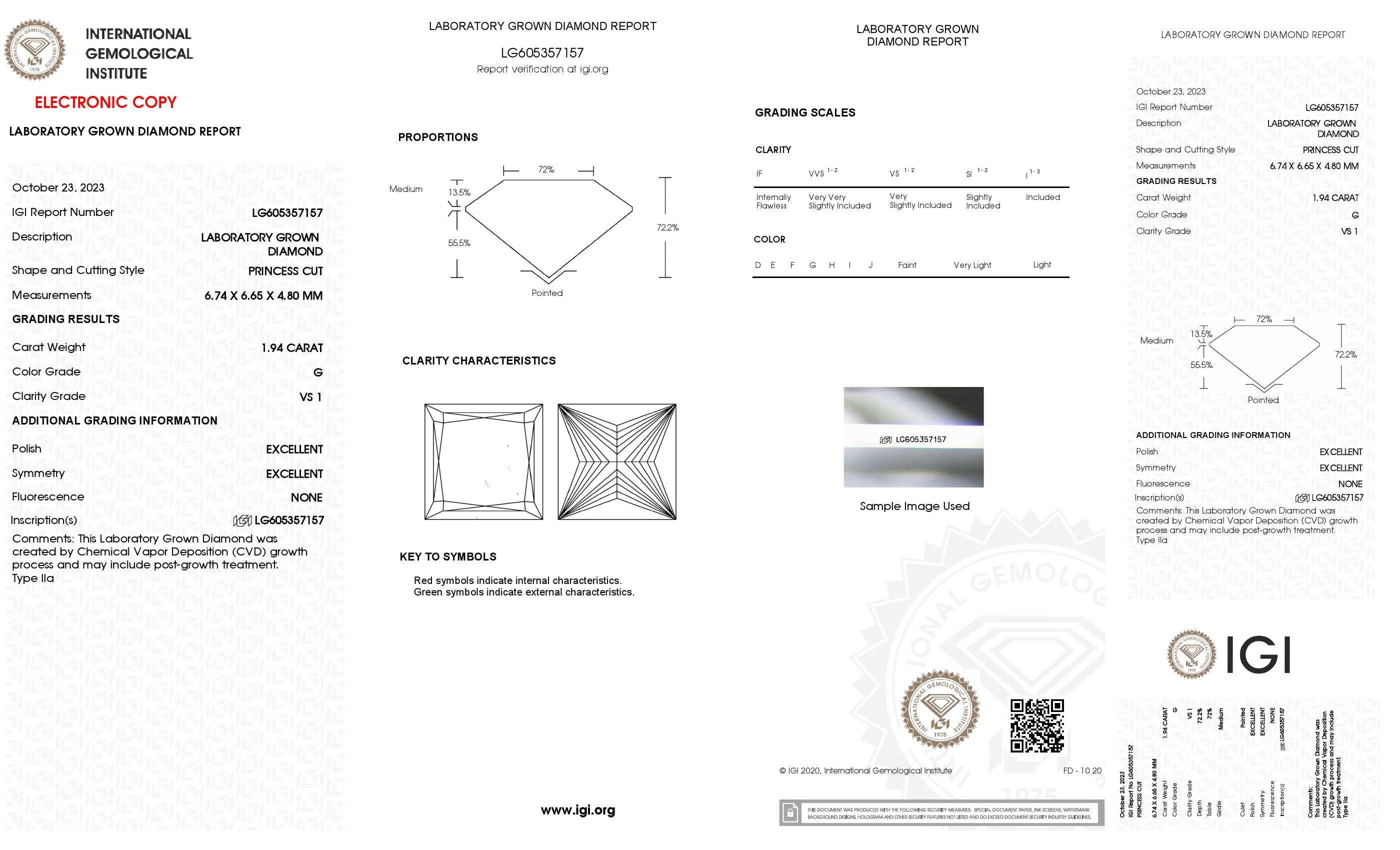 1.94 ct. Princess Wholesale IGI Certified Lab Grown Loose Diamond. (VS1 / G)