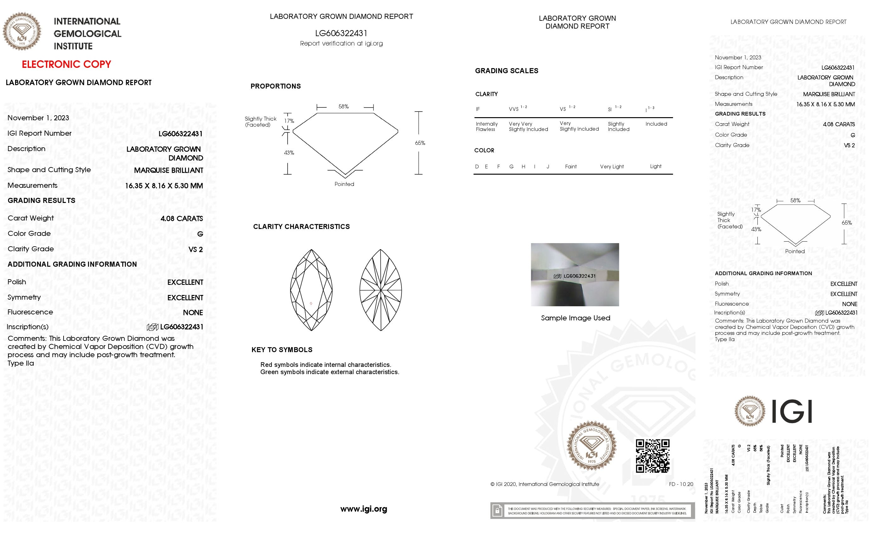 4.08 Ct. Marquise Wholesale IGI Certified Lab Grown Loose Diamond. (VS2 / G)