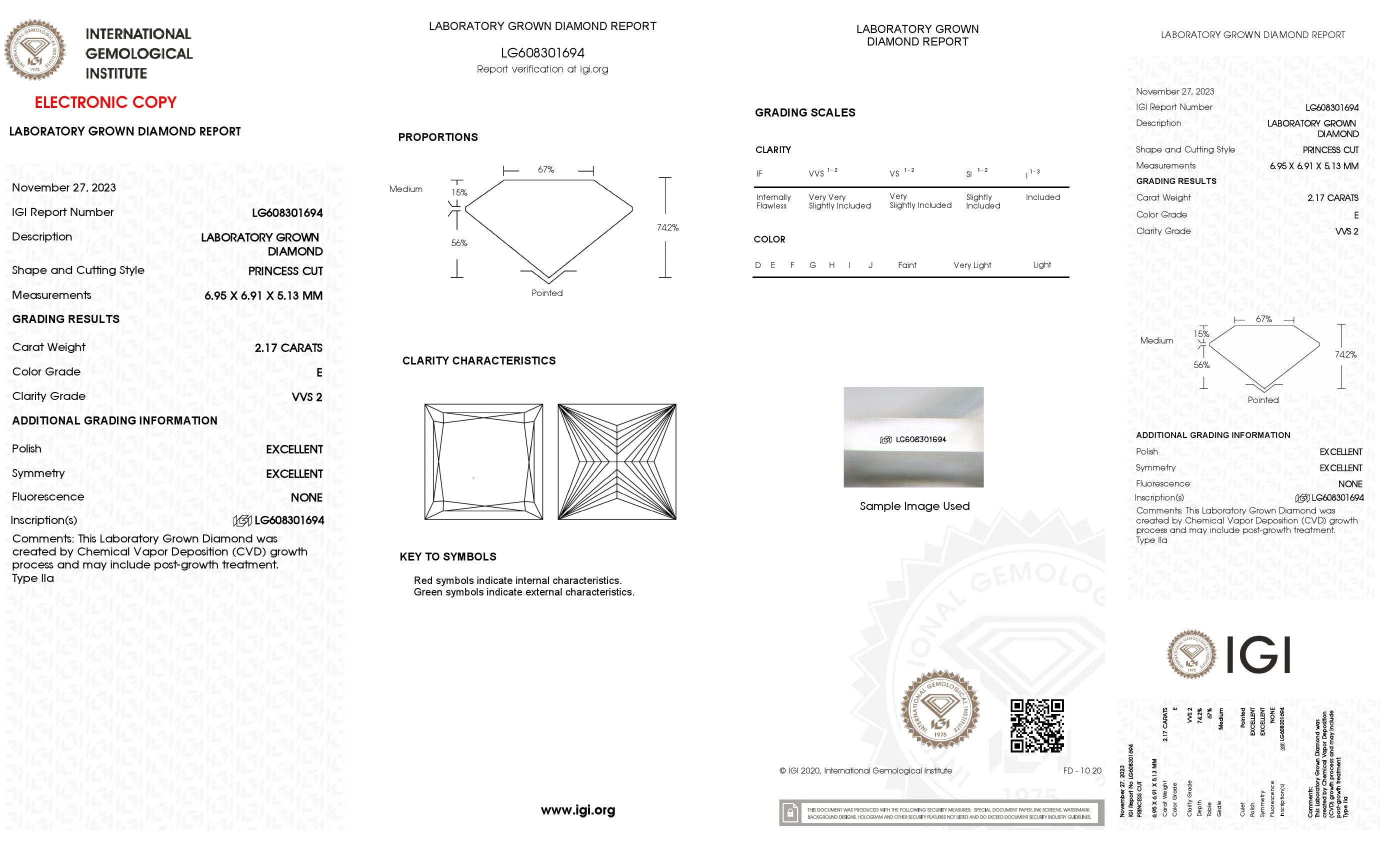 2.17 ct. Princess Wholesale IGI Certified Lab Grown Loose Diamond. (VVS2 / E)
