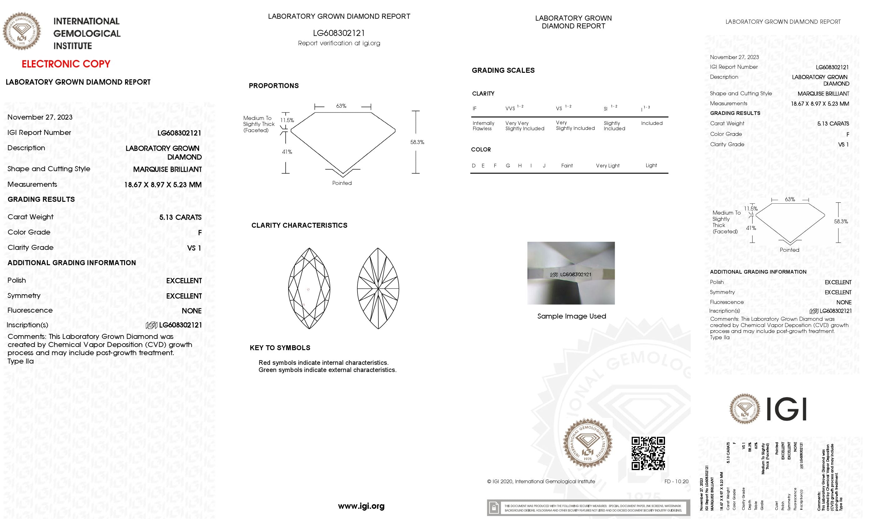 5.13 ct. Marquise Wholesale IGI Certified Lab Grown Loose Diamond. (VS1 / F)