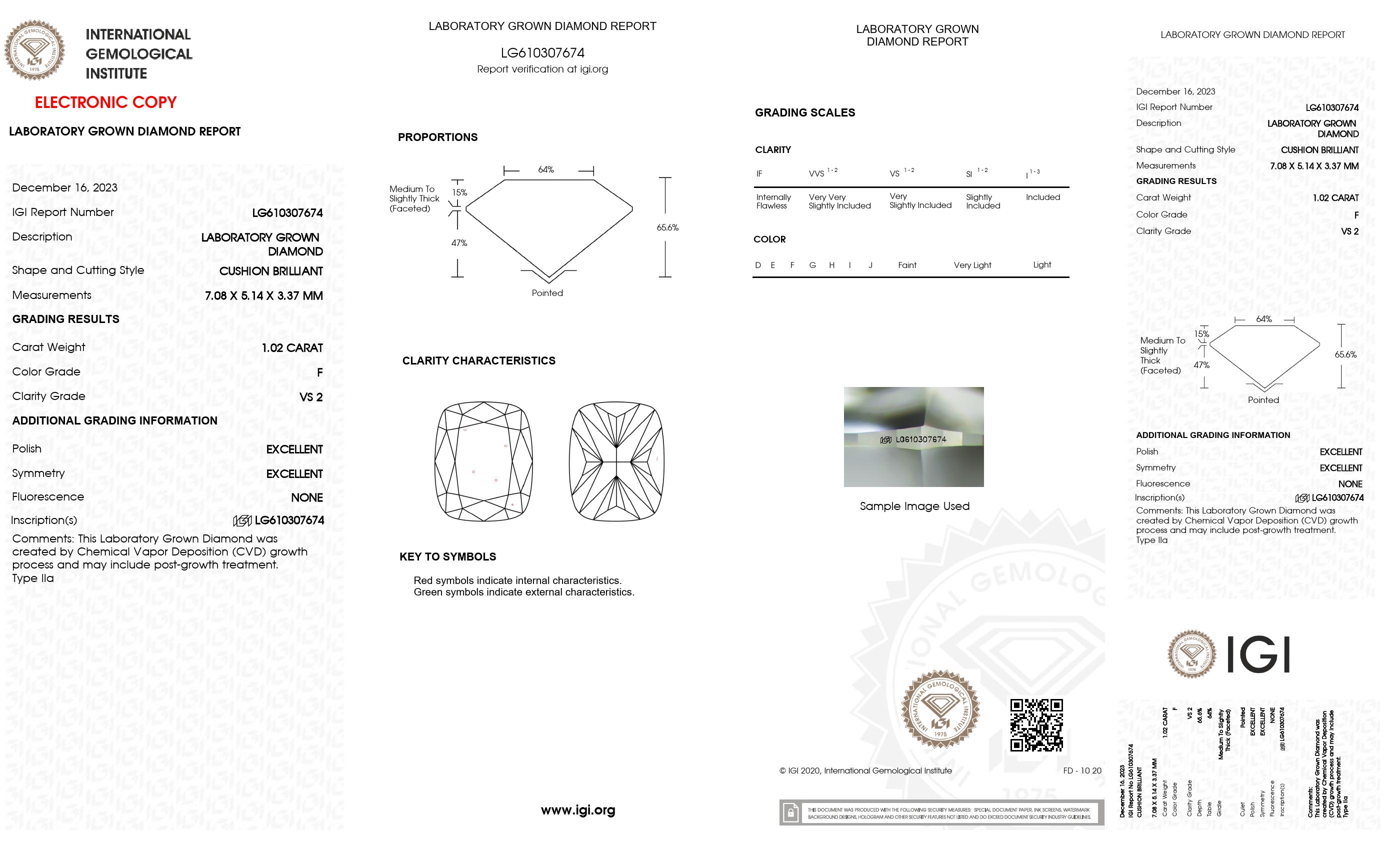 1.02 ct. Cushion Long Wholesale IGI Certified Lab Grown Loose Diamond. (VS2 / F)