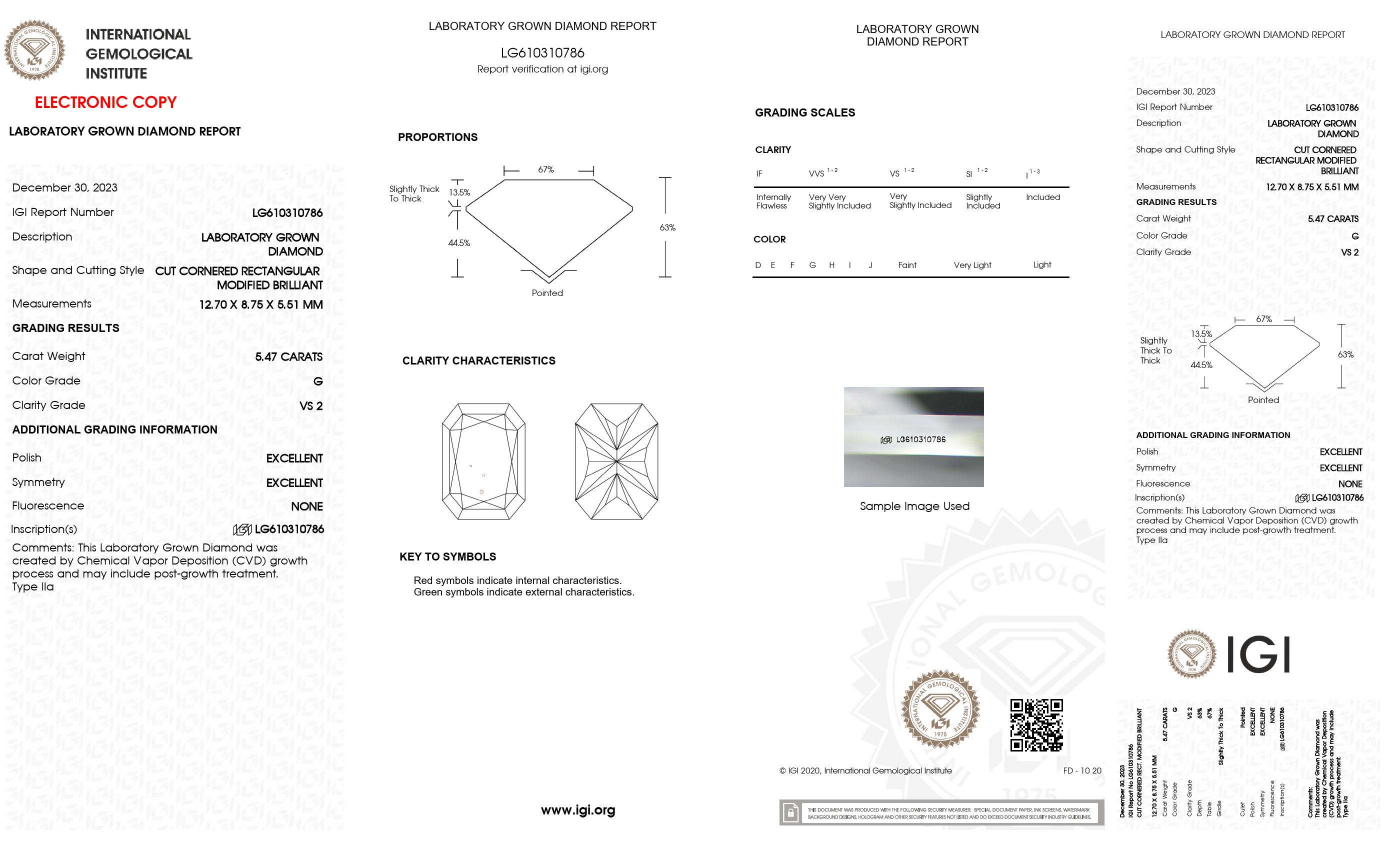 5.47 Ct. Radiant Wholesale IGI Certified Lab Grown Loose Diamond. (VS2 / G)