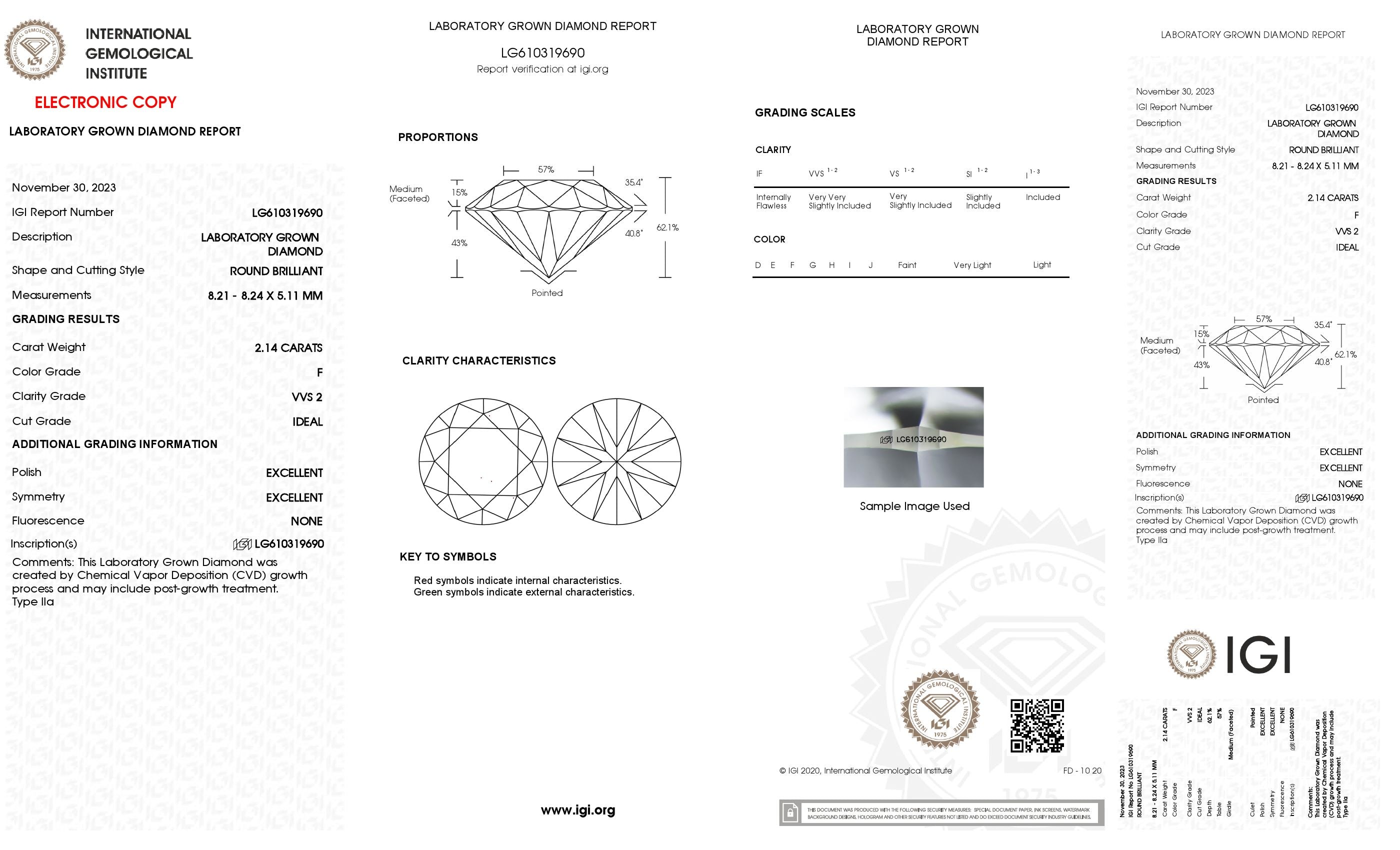 2.14 ct. Round Wholesale IGI Certified Lab Grown Loose Diamond. (VVS2 / F)