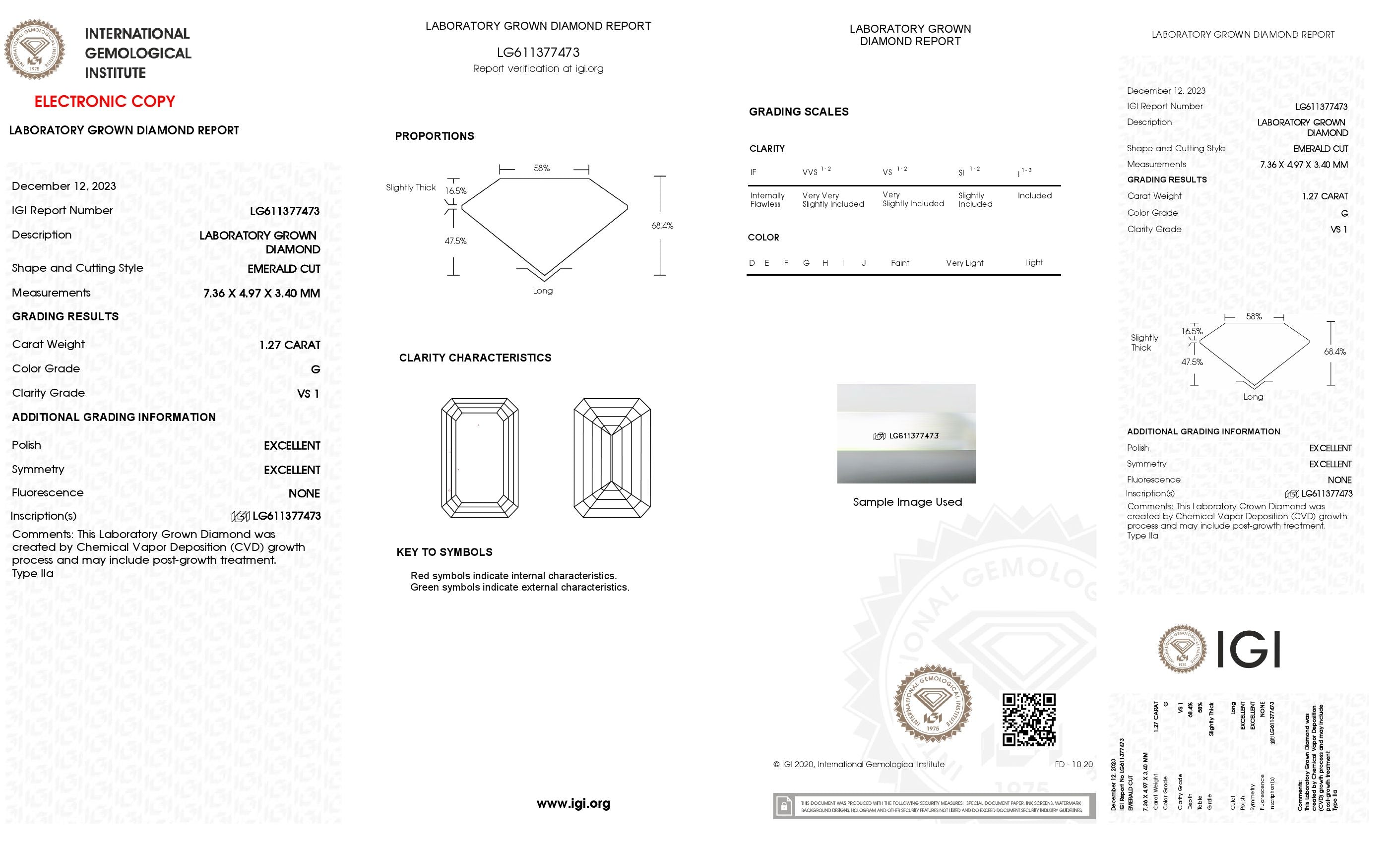 1.27 ct. Emerald Wholesale IGI Certified Lab Grown Loose Diamond. (VS1 / G)