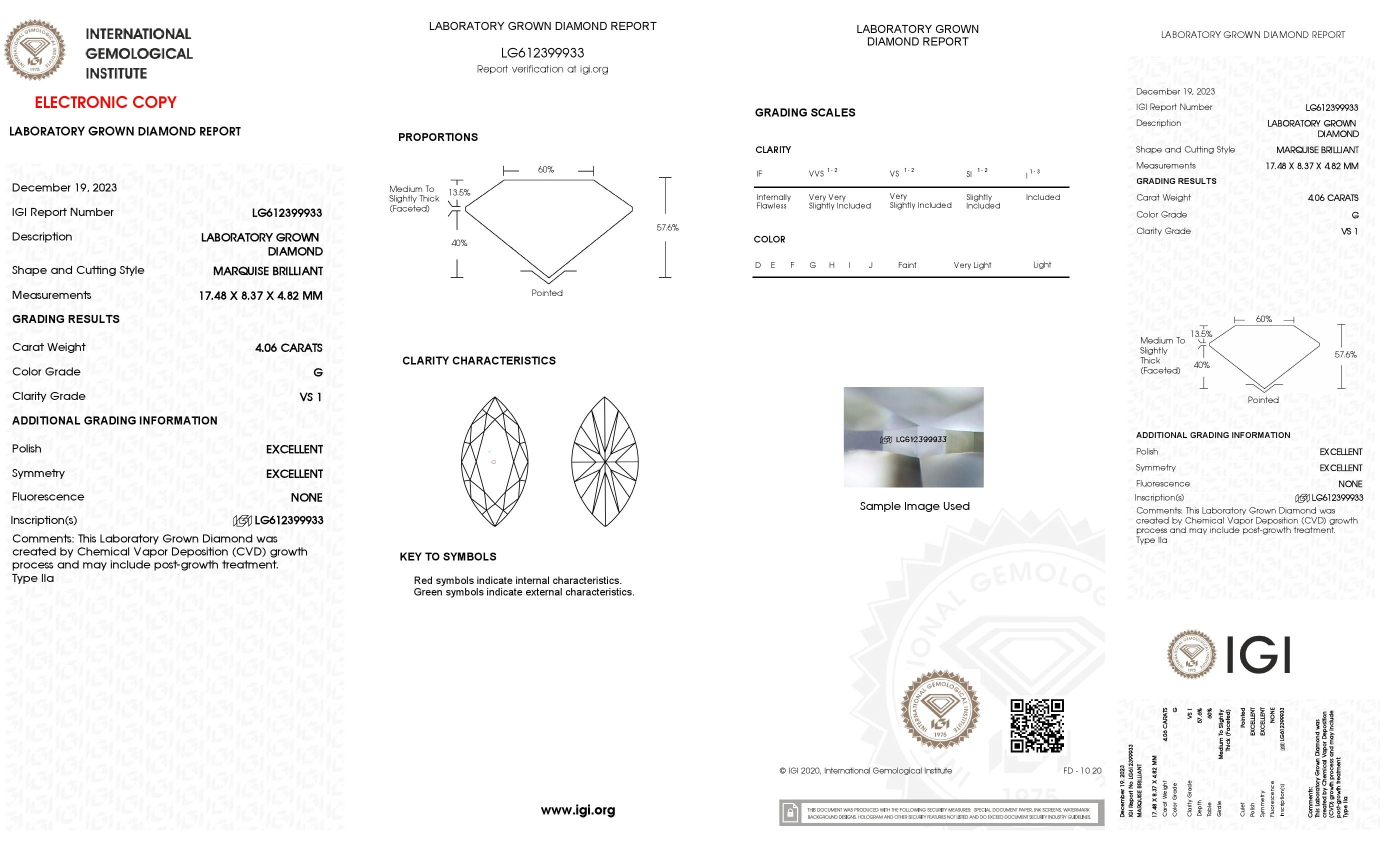 4.06 Ct. Marquise Wholesale IGI Certified Lab Grown Loose Diamond. (VS1 / G)