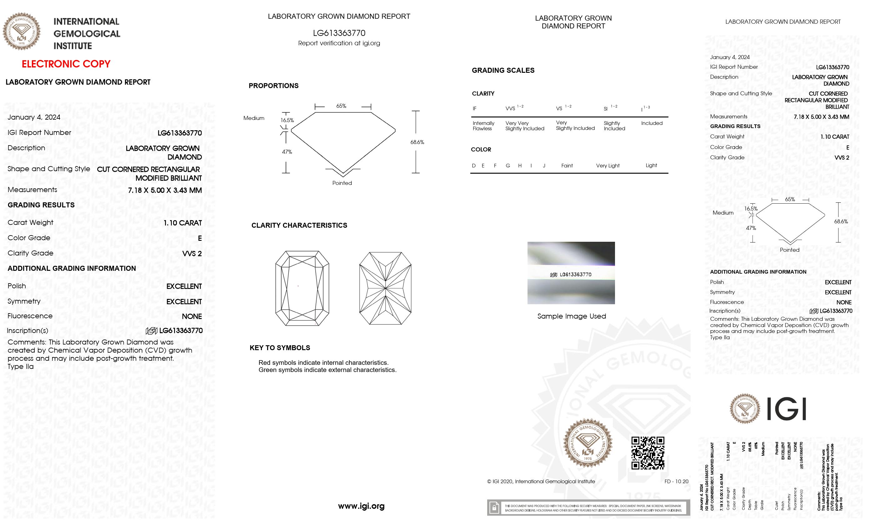 1.10 ct. Radiant Wholesale IGI Certified Lab Grown Loose Diamond. (VVS2 / E)