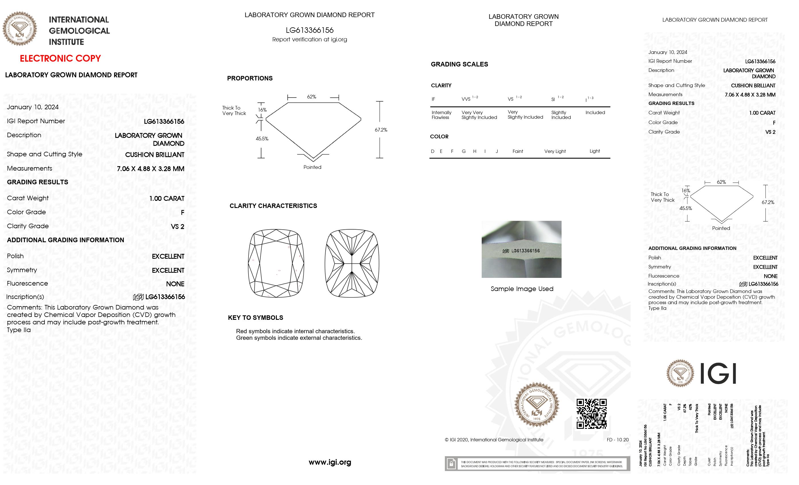 1.00 ct. Cushion Long Wholesale IGI Certified Lab Grown Loose Diamond. (VS2 / F)