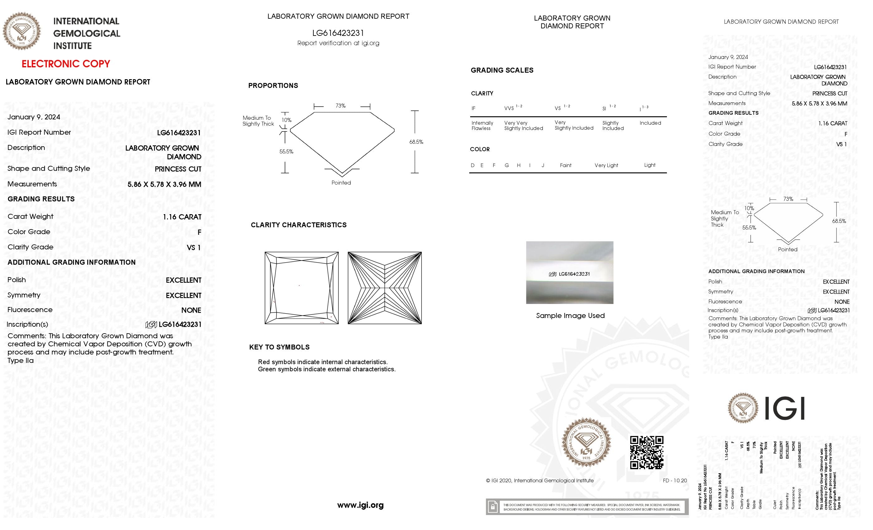 1.16 Ct. Princess Wholesale IGI Certified Lab Grown Loose Diamond. (VS1 / F)