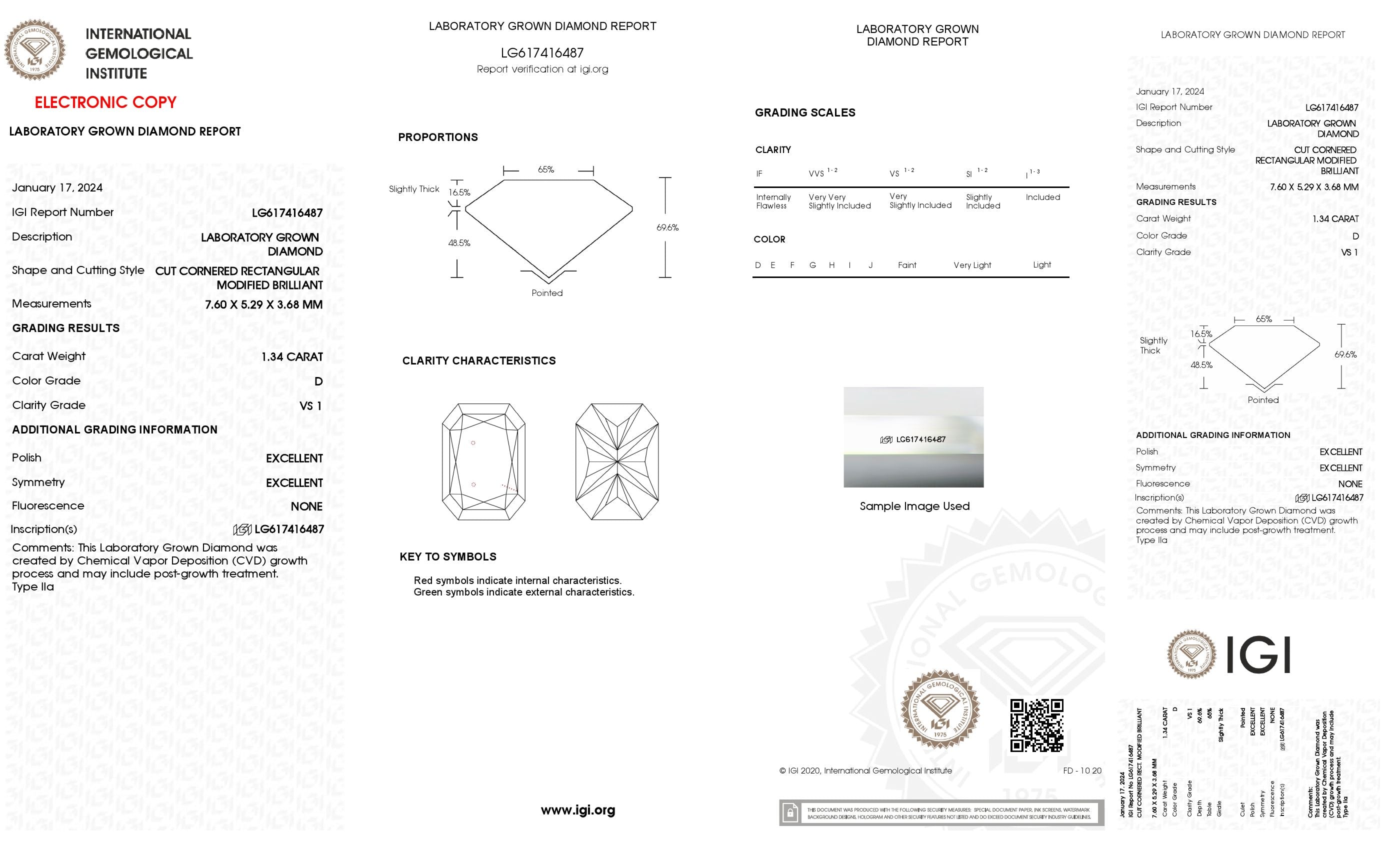 1.34 Ct. Radiant Wholesale IGI Certified Lab Grown Loose Diamond. (VS1 / D)