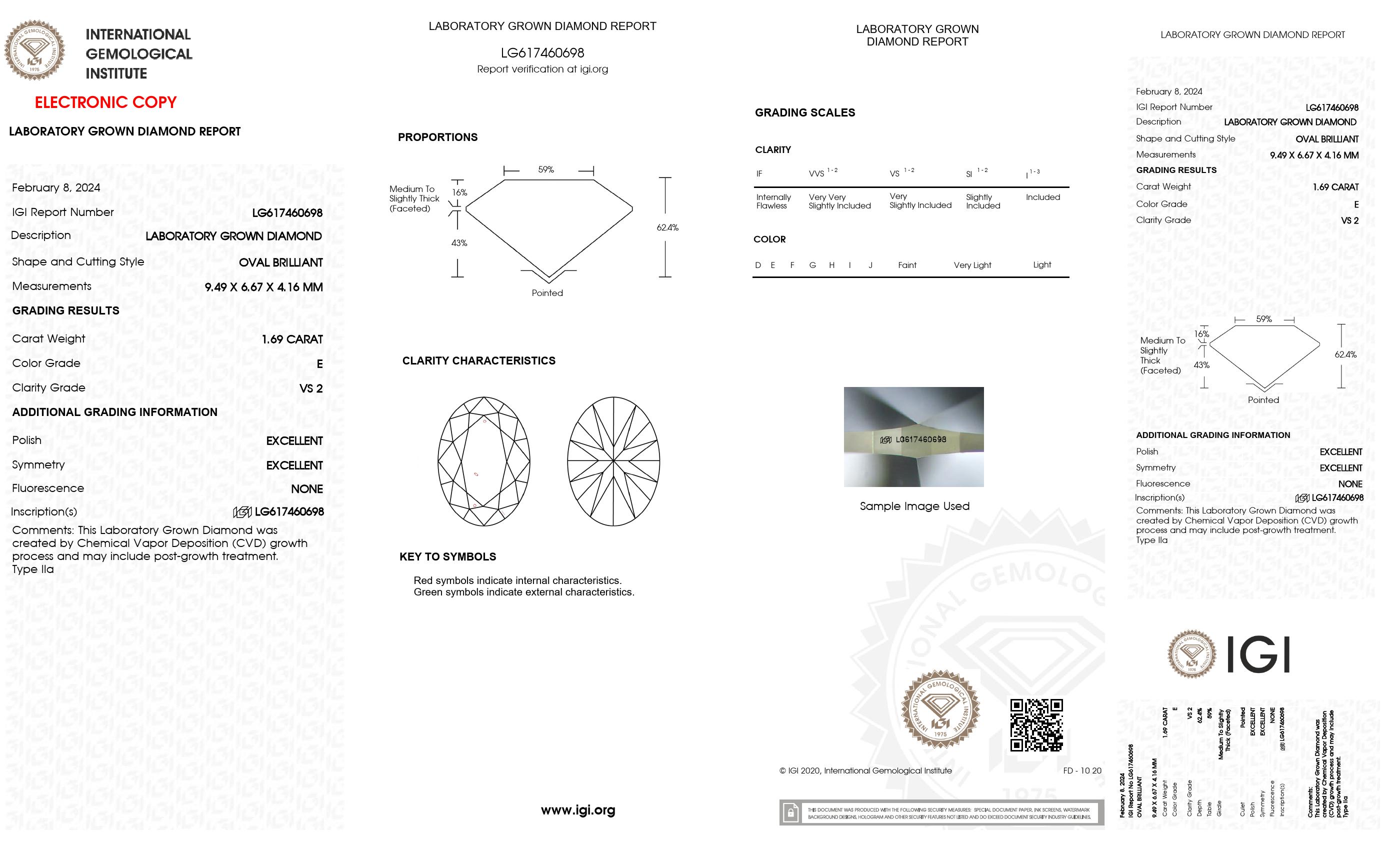 1.69 Ct. Oval Wholesale IGI Certified Lab Grown Loose Diamond. (VS2 / E)