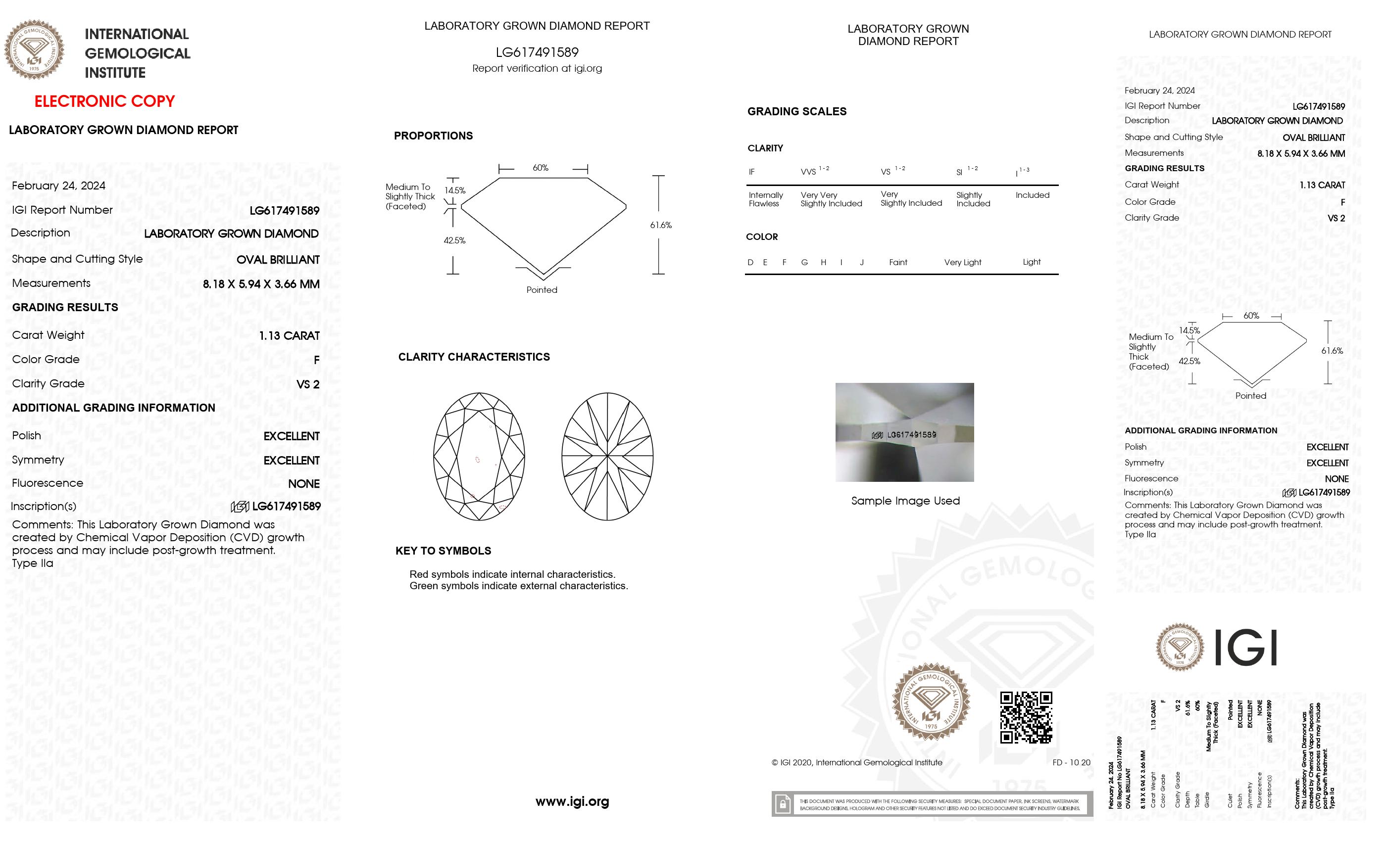 1.13 Ct. Oval Wholesale IGI Certified Lab Grown Loose Diamond. (VS2 / F)