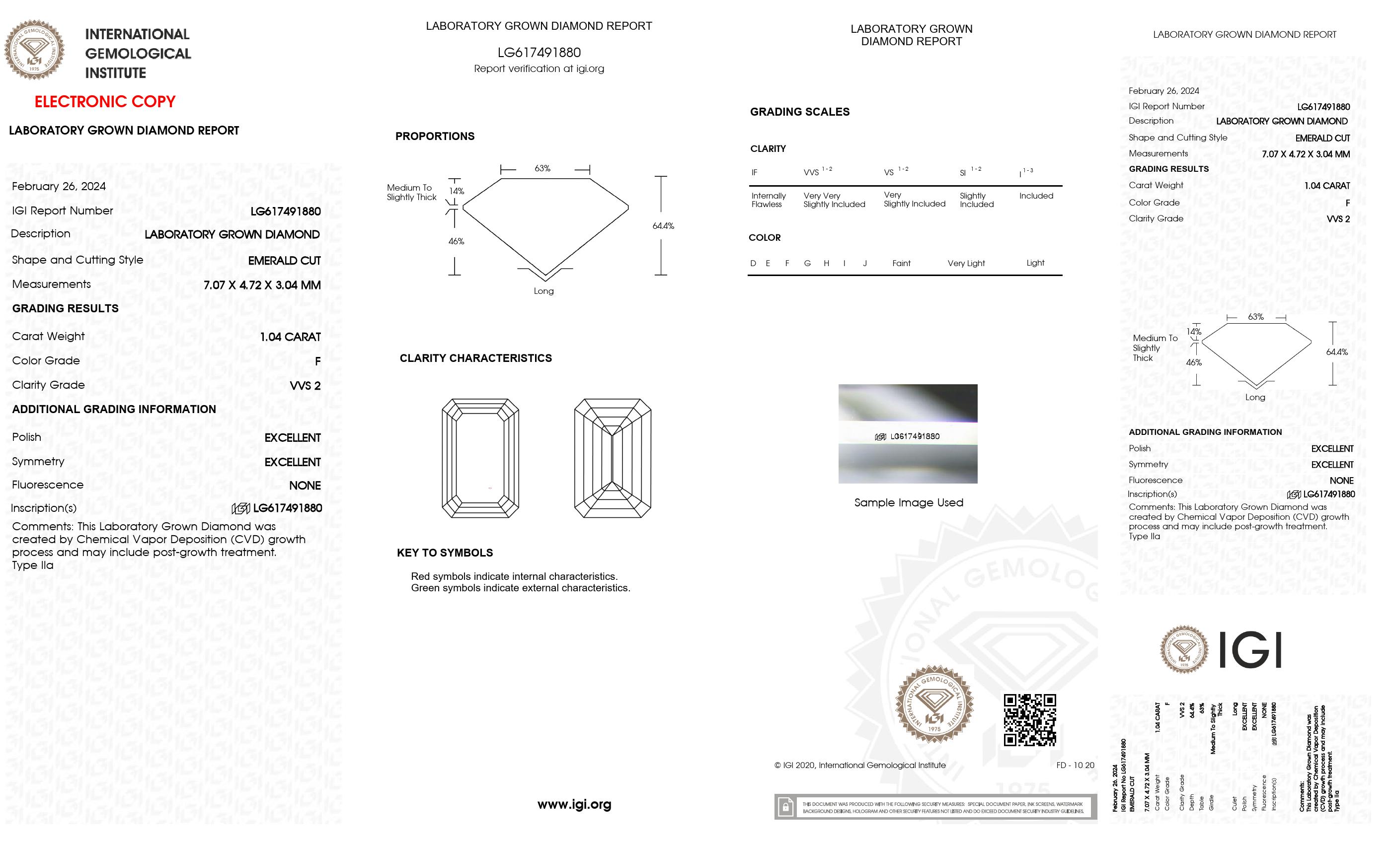 1.04 ct. Emerald Wholesale IGI Certified Lab Grown Loose Diamond. (VVS2 / F)