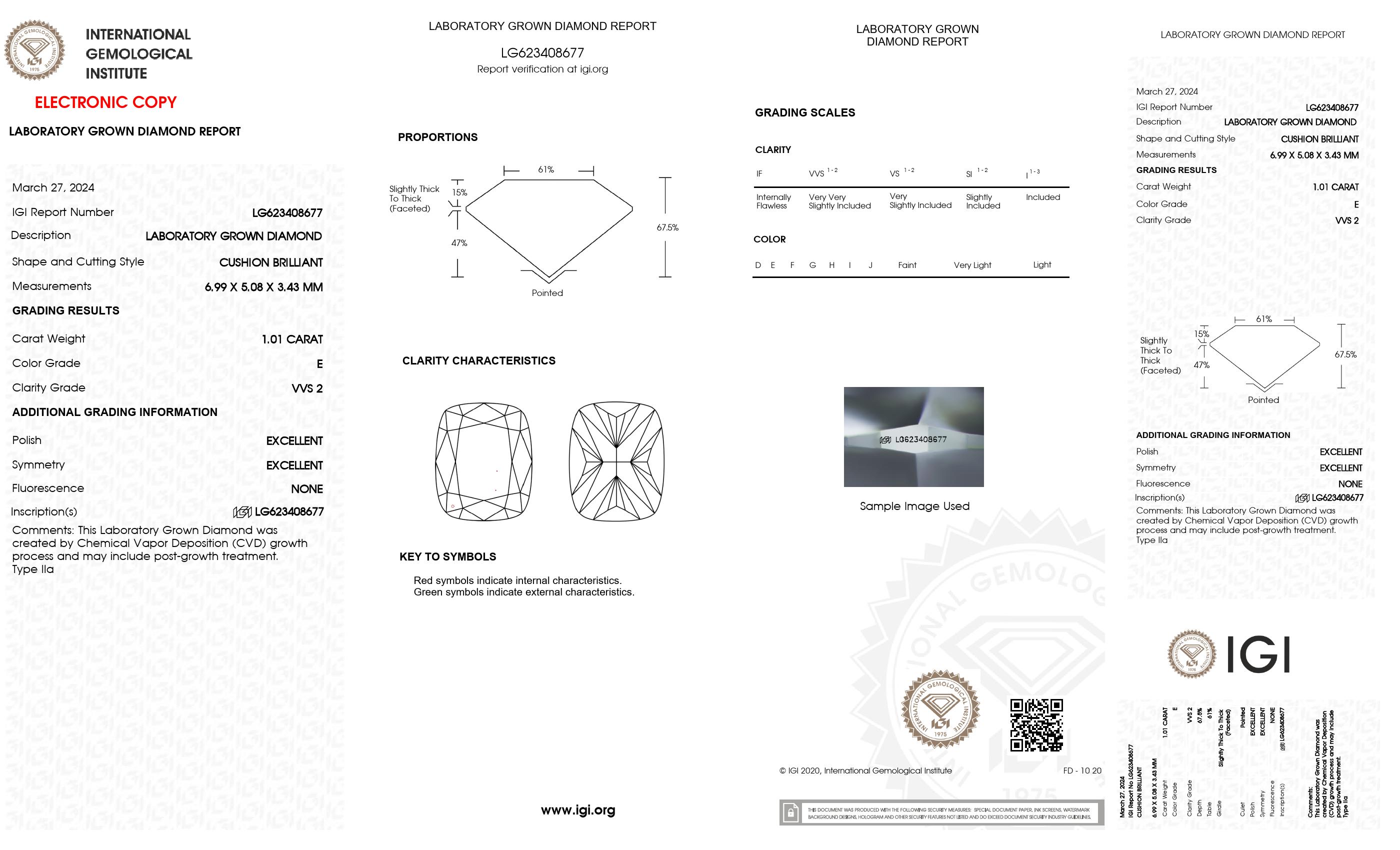 1.01 Ct. Cushion long Wholesale IGI Certified Lab Grown Loose Diamond. (VVS2 / E)