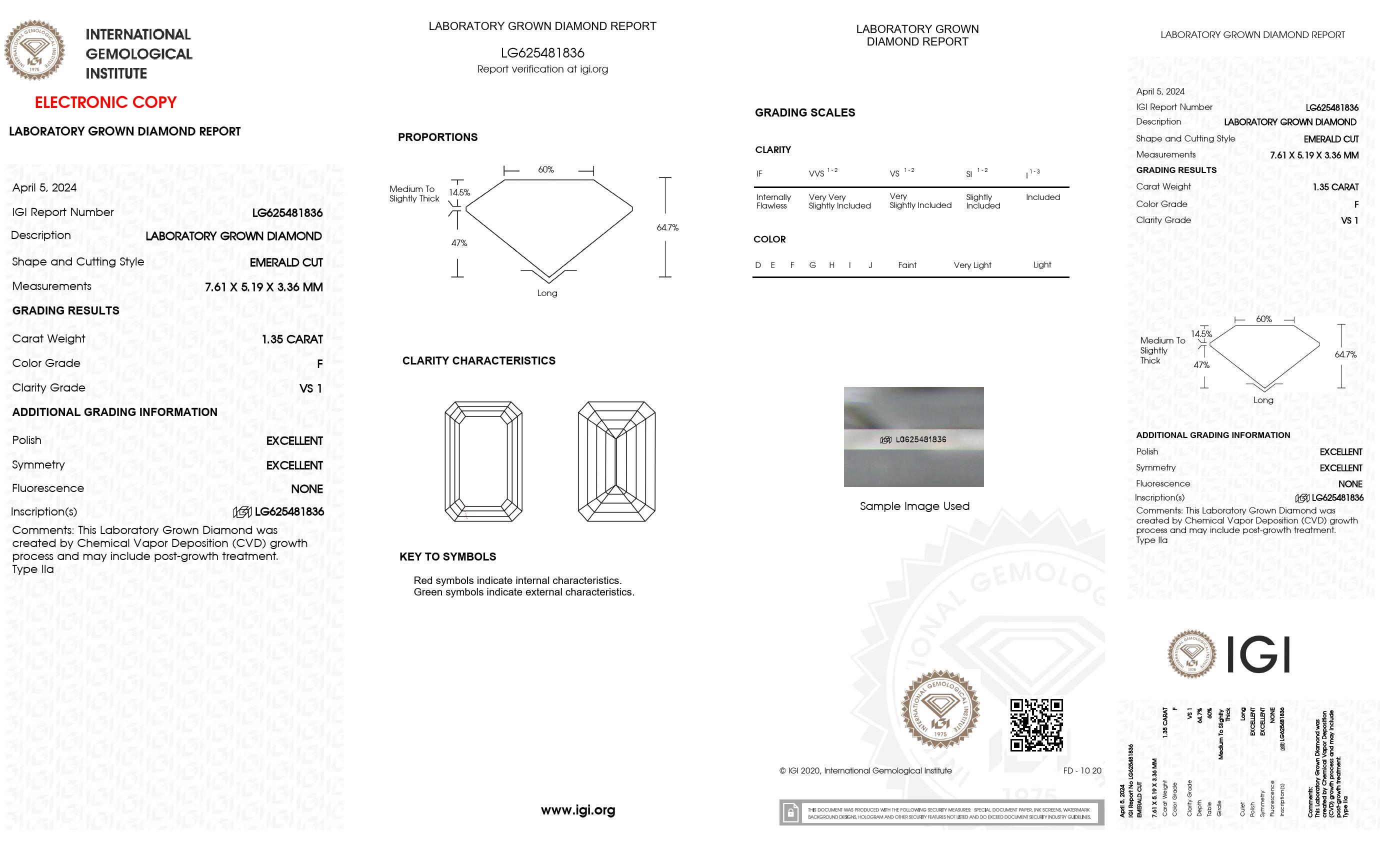 1.35 ct. Emerald Wholesale IGI Certified Lab Grown Loose Diamond. (VS1 / F)