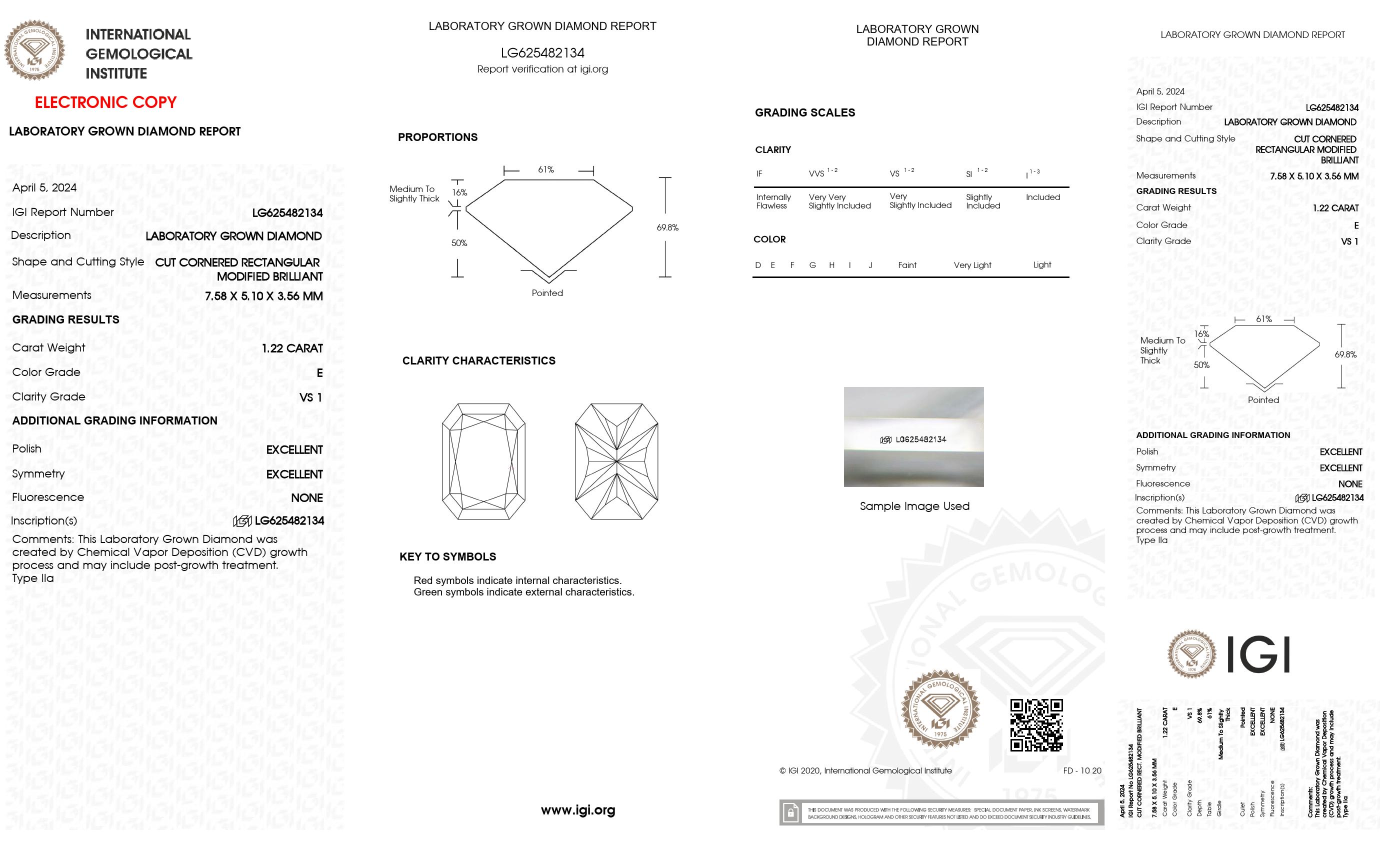 1.22 Ct. Radiant Wholesale IGI Certified Lab Grown Loose Diamond. (VS1 / E)