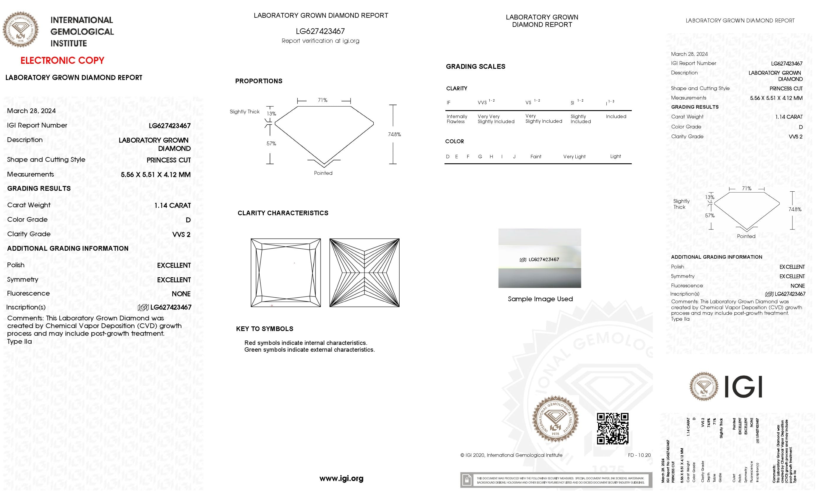 1.14 Ct. Princess Wholesale IGI Certified Lab Grown Loose Diamond. (VVS2 / D)