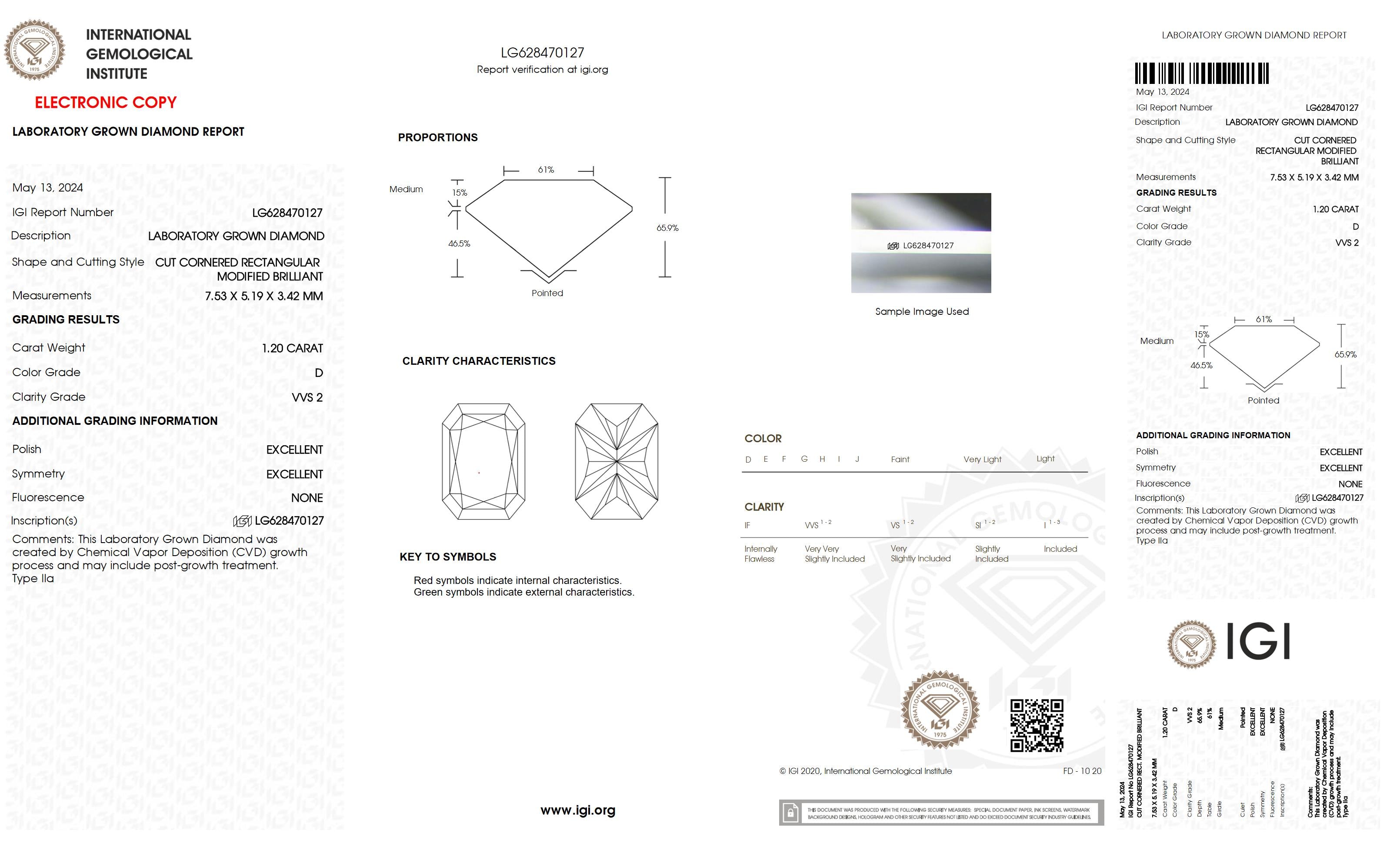 1.2 Ct. Radiant Wholesale IGI Certified Lab Grown Loose Diamond. (VVS2 / D)