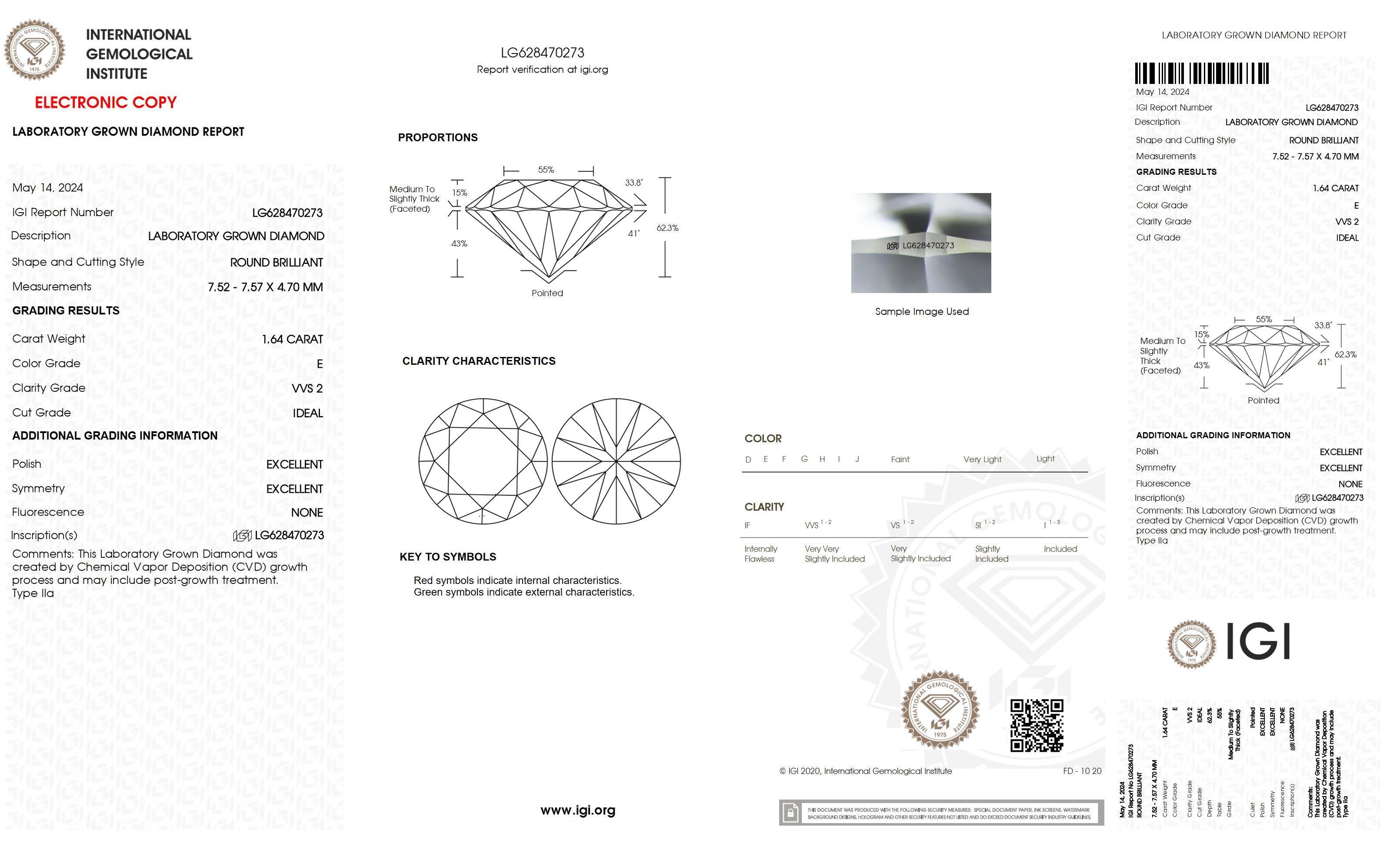 1.64 Ct. Round Wholesale IGI Certified Lab Grown Loose Diamond. (VVS2 / E)