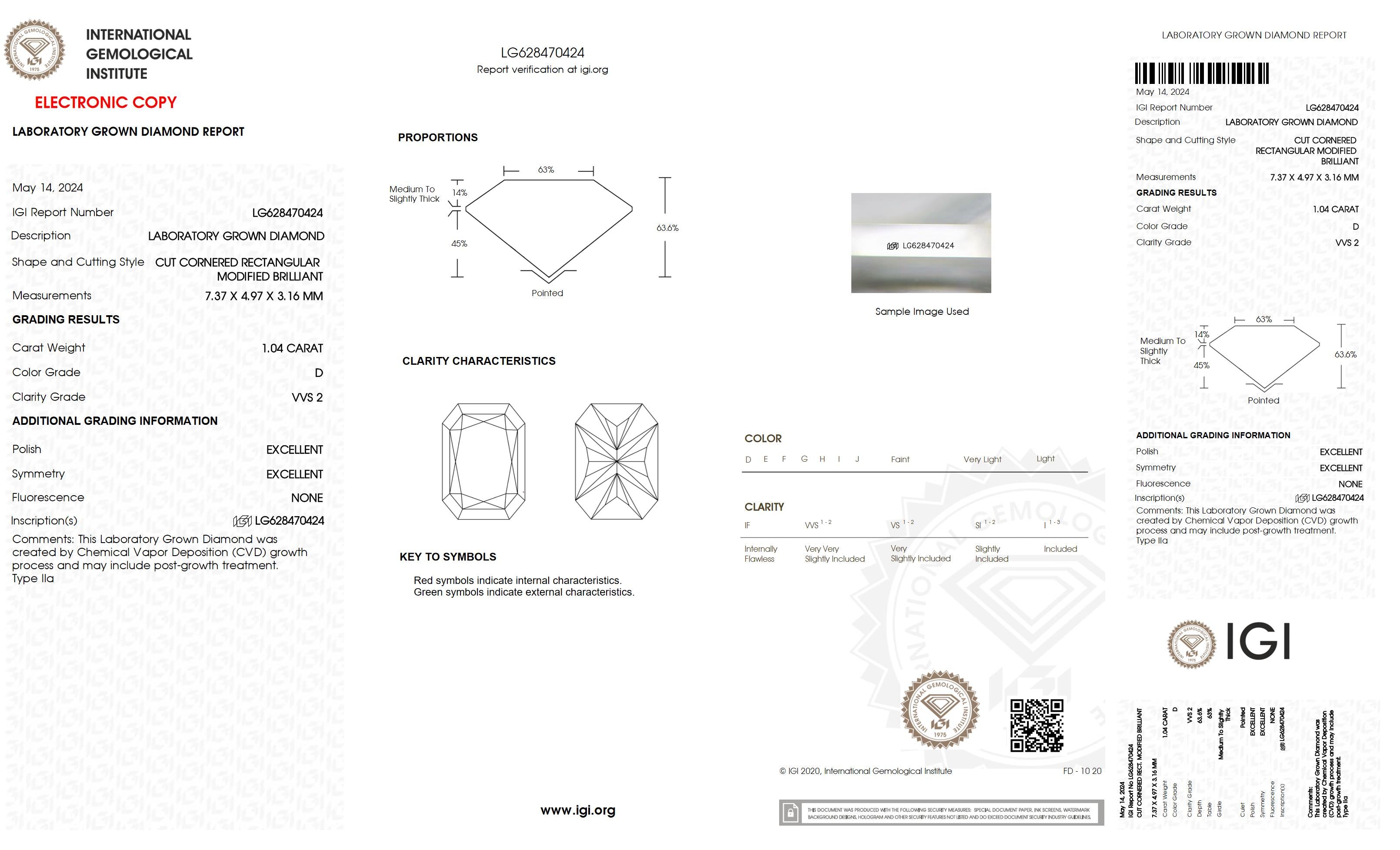 1.04 Ct. Radiant Wholesale IGI Certified Lab Grown Loose Diamond. (VVS2 / D)