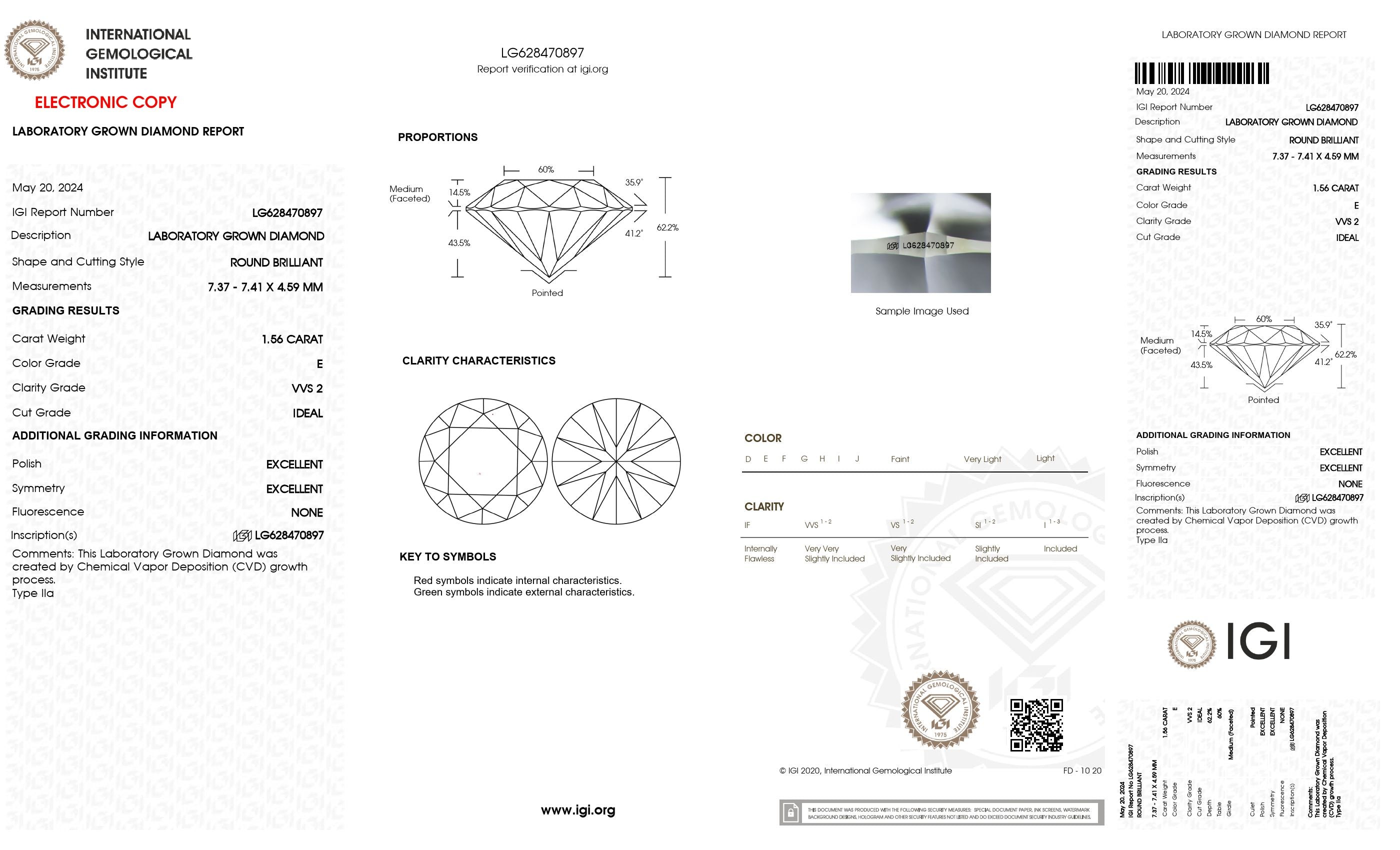 1.56 ct. Round Wholesale IGI Certified Lab Grown Loose Diamond. (VVS2 / E)