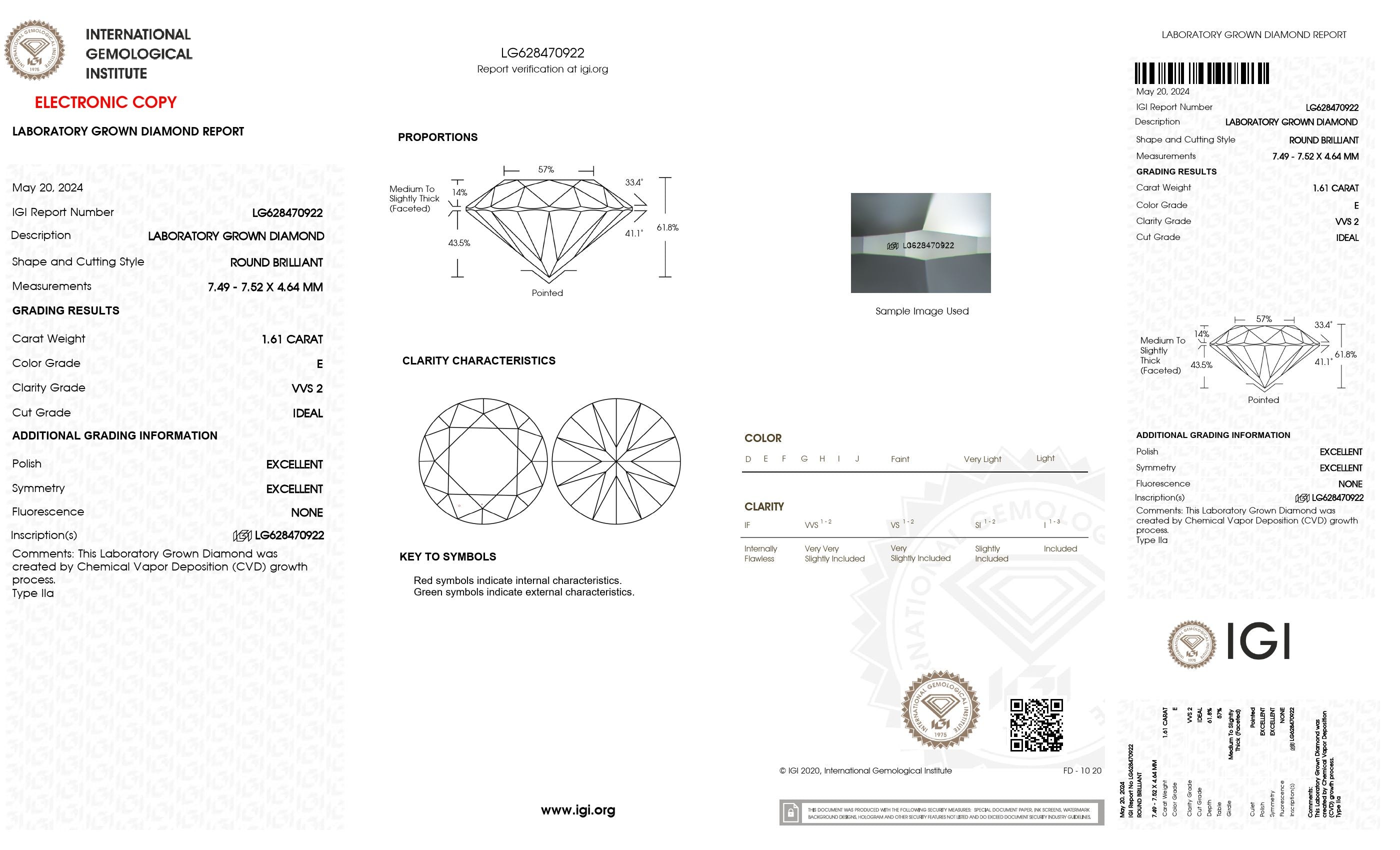 1.61 ct. Round Wholesale IGI Certified Lab Grown Loose Diamond. (VVS2 / E)