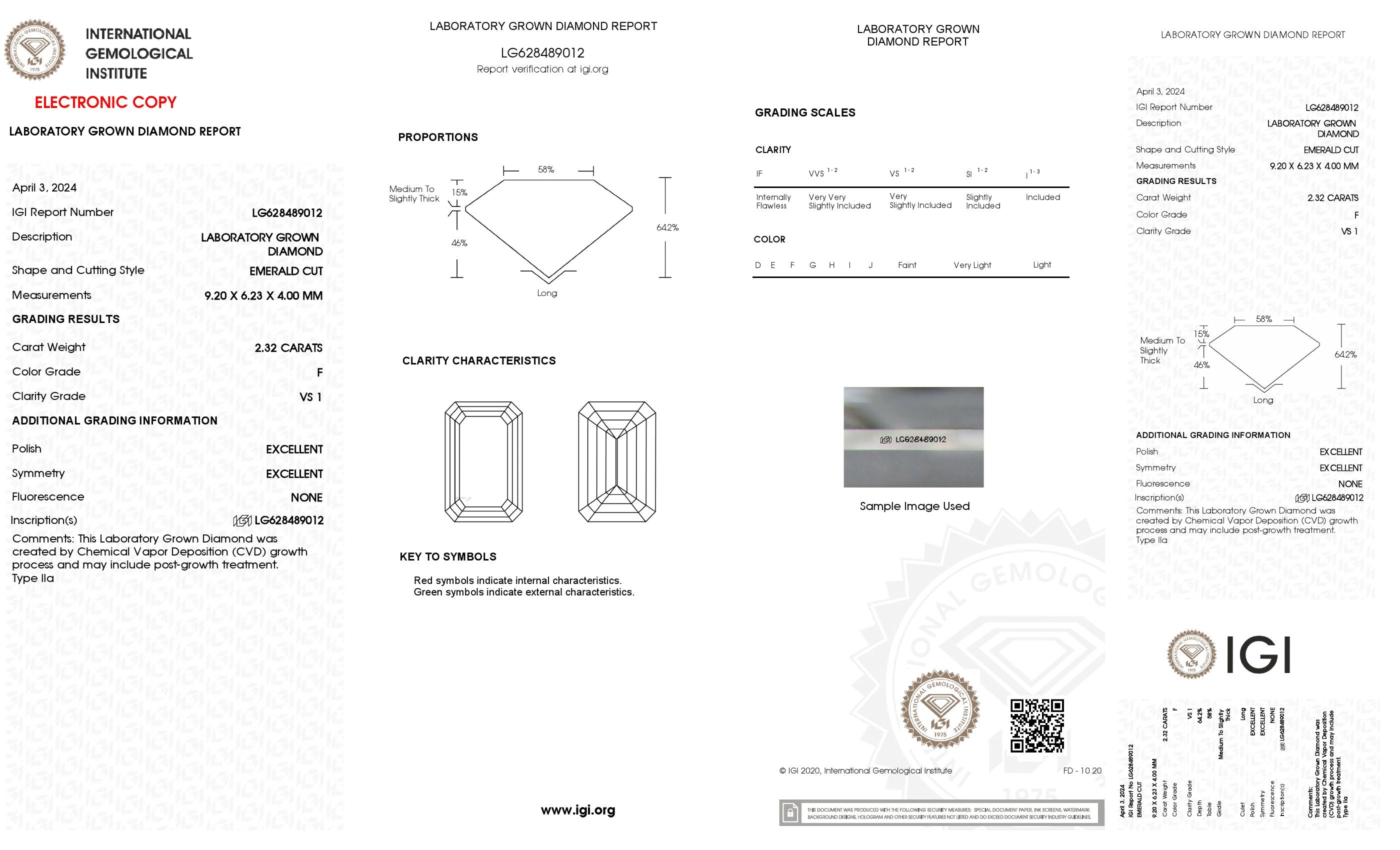 2.32 ct. Emerald Wholesale IGI Certified Lab Grown Loose Diamond. (VS1 / F)