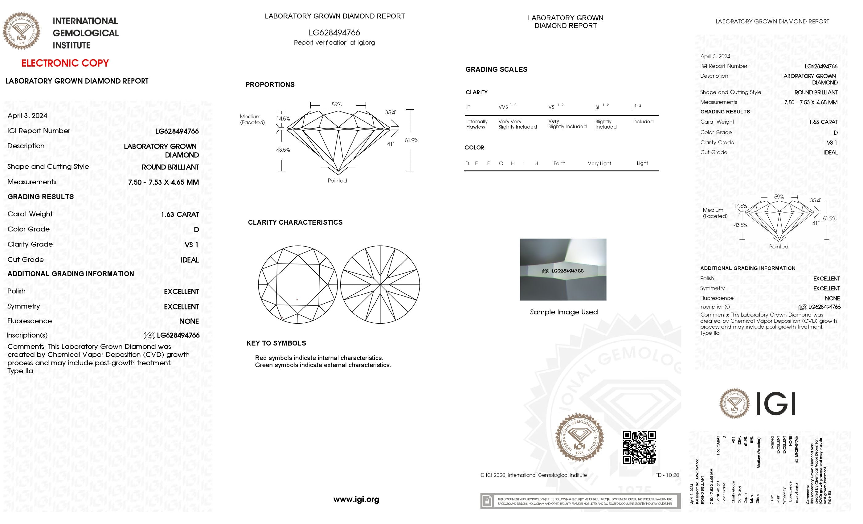 1.63 ct. Round Wholesale IGI Certified Lab Grown Loose Diamond. (VS1 / D)