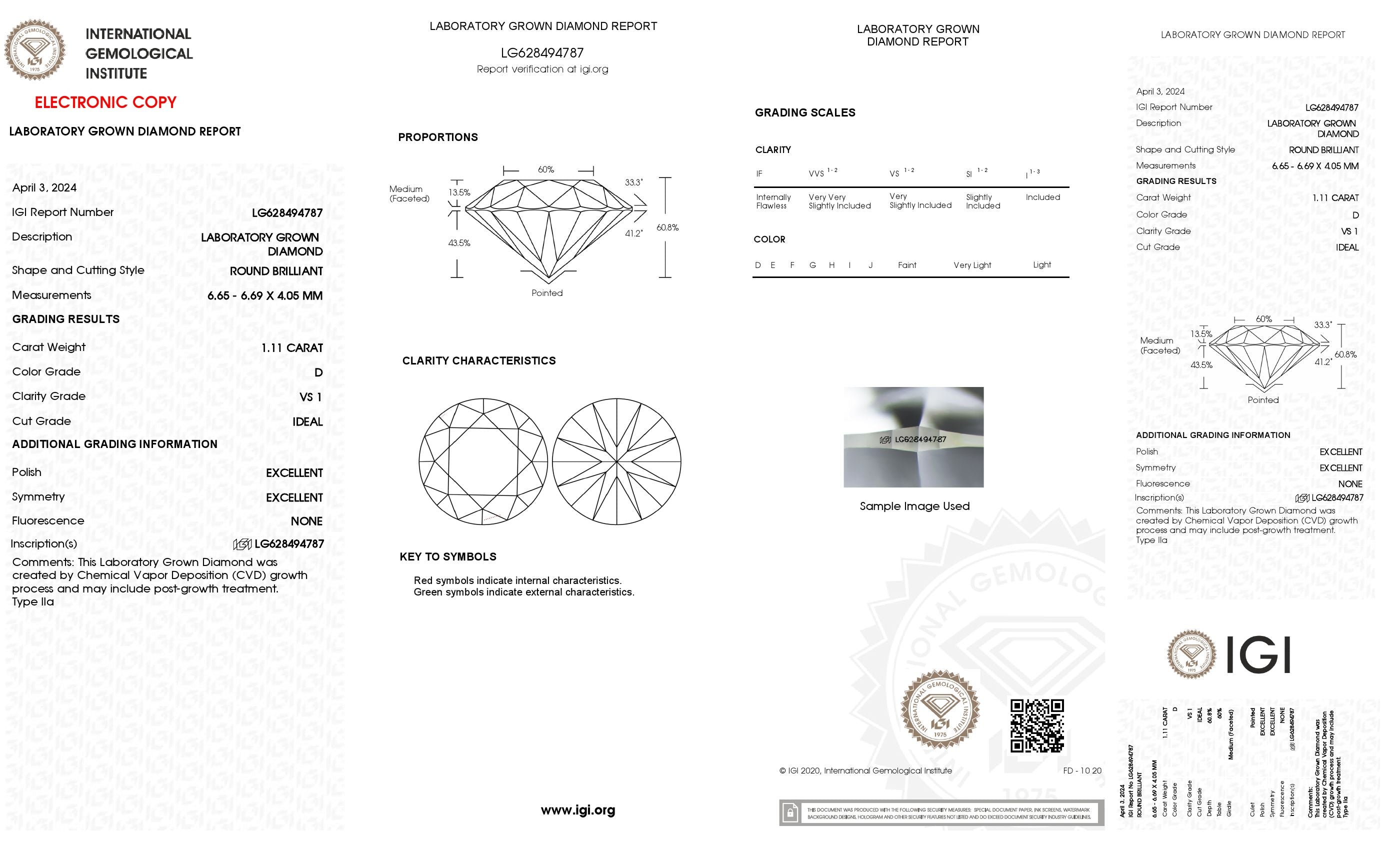 1.11 Ct. Round Wholesale IGI Certified Lab Grown Loose Diamond. (VS1 / D)