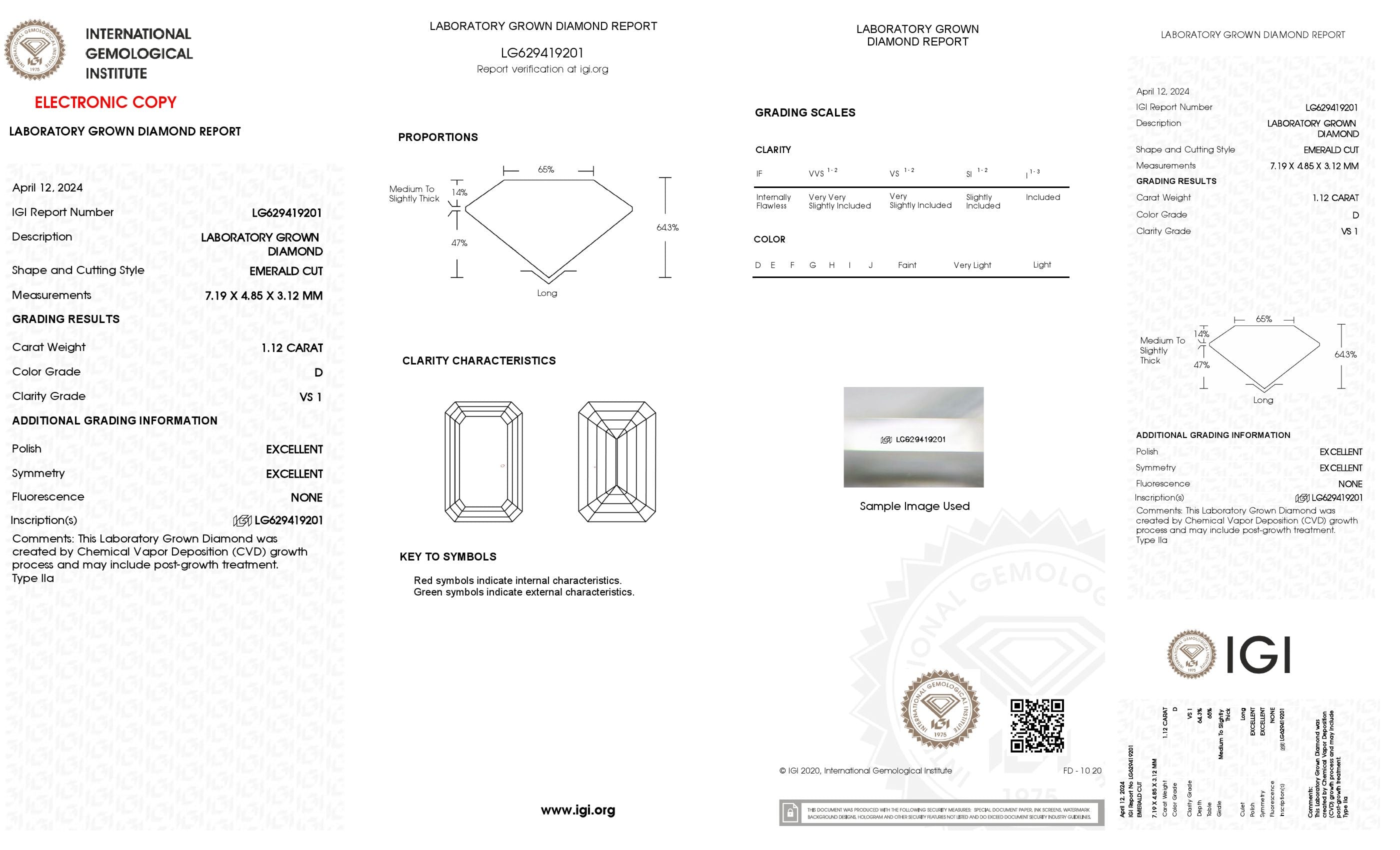 1.12 ct. Emerald Wholesale IGI Certified Lab Grown Loose Diamond. (VS1 / D)