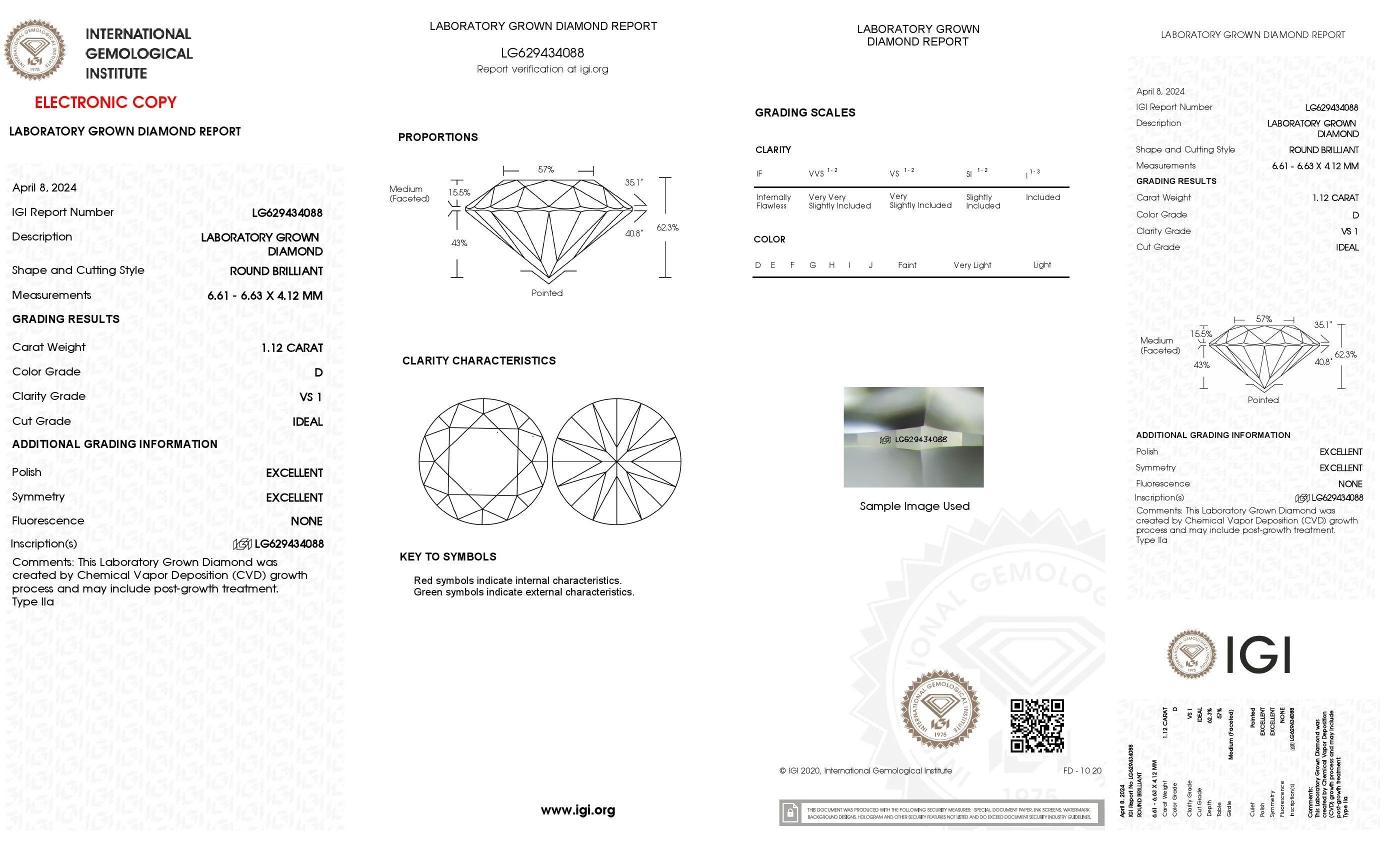 1.12 ct. Round Wholesale IGI Certified Lab Grown Loose Diamond. (VS1 / D)