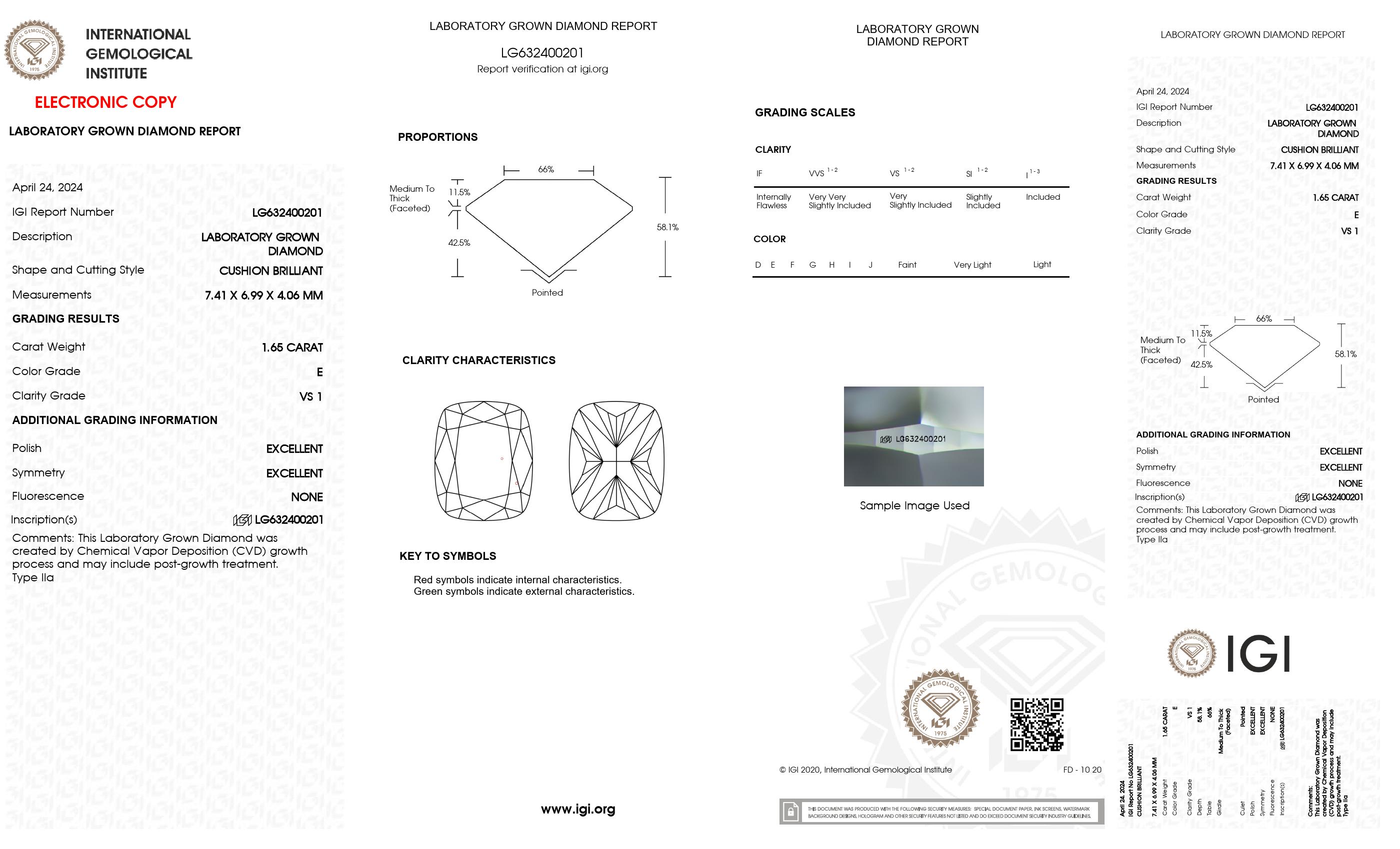 1.65 ct. Cushion Wholesale IGI Certified Lab Grown Loose Diamond. (VS1 / E)