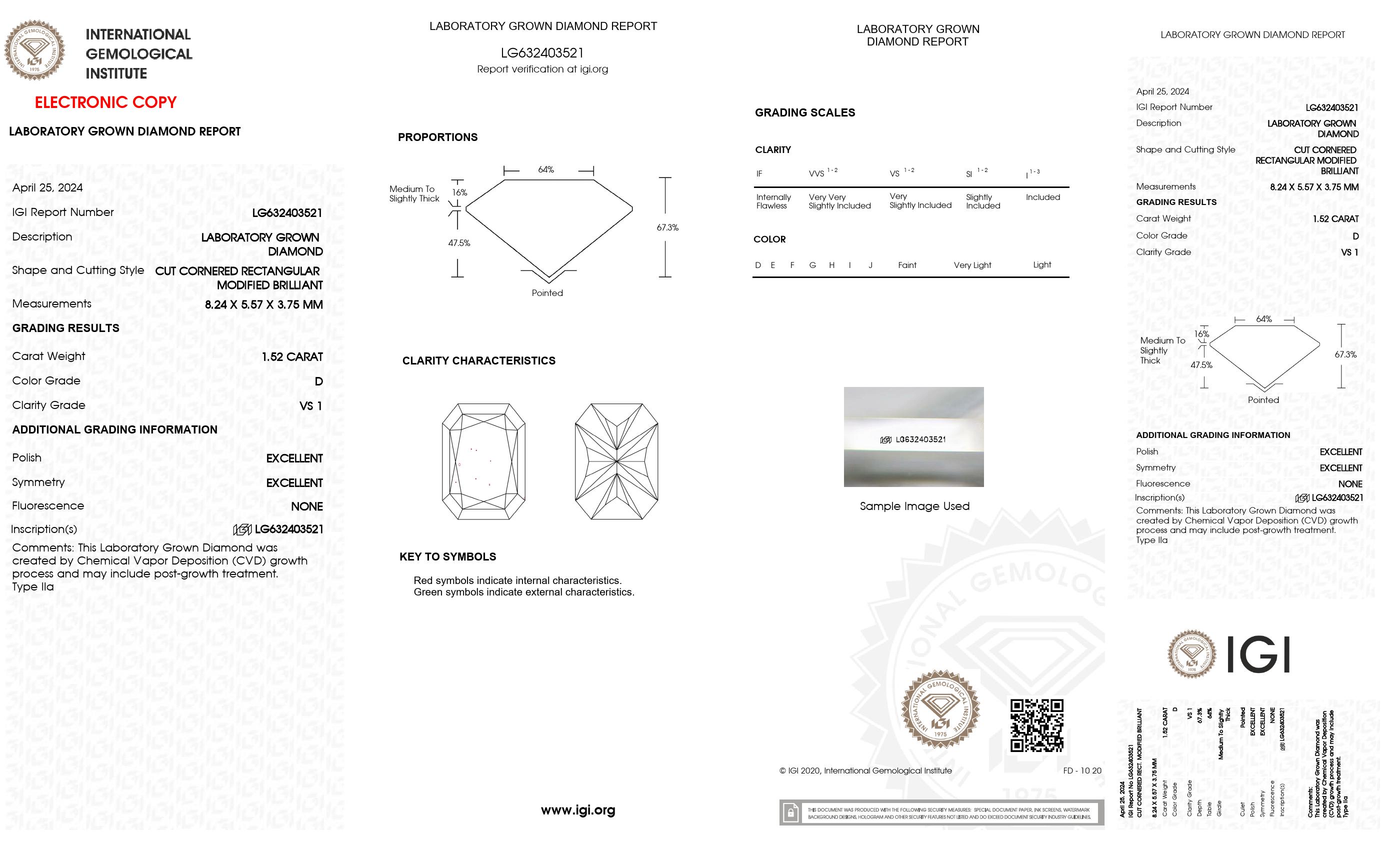 1.52 ct. Radiant Wholesale IGI Certified Lab Grown Loose Diamond. (VS1 / D)