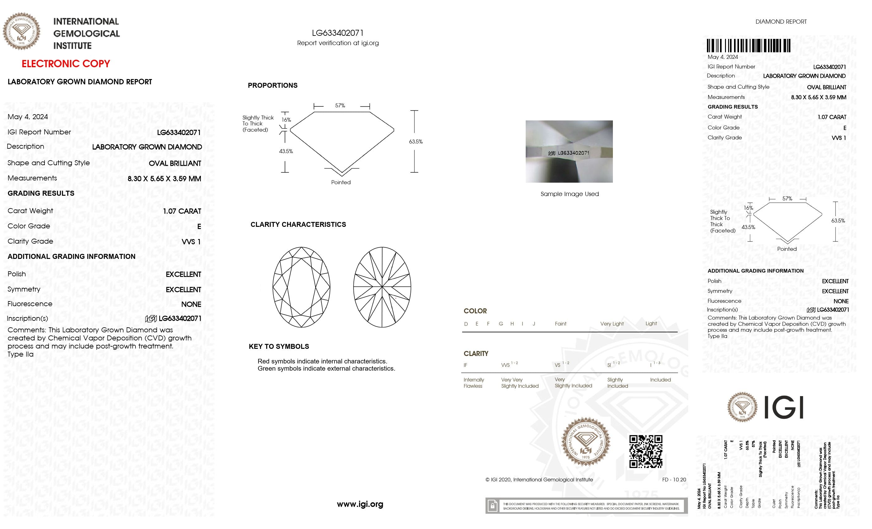 1.07 Ct. Oval Wholesale IGI Certified Lab Grown Loose Diamond. (VVS1 / E)