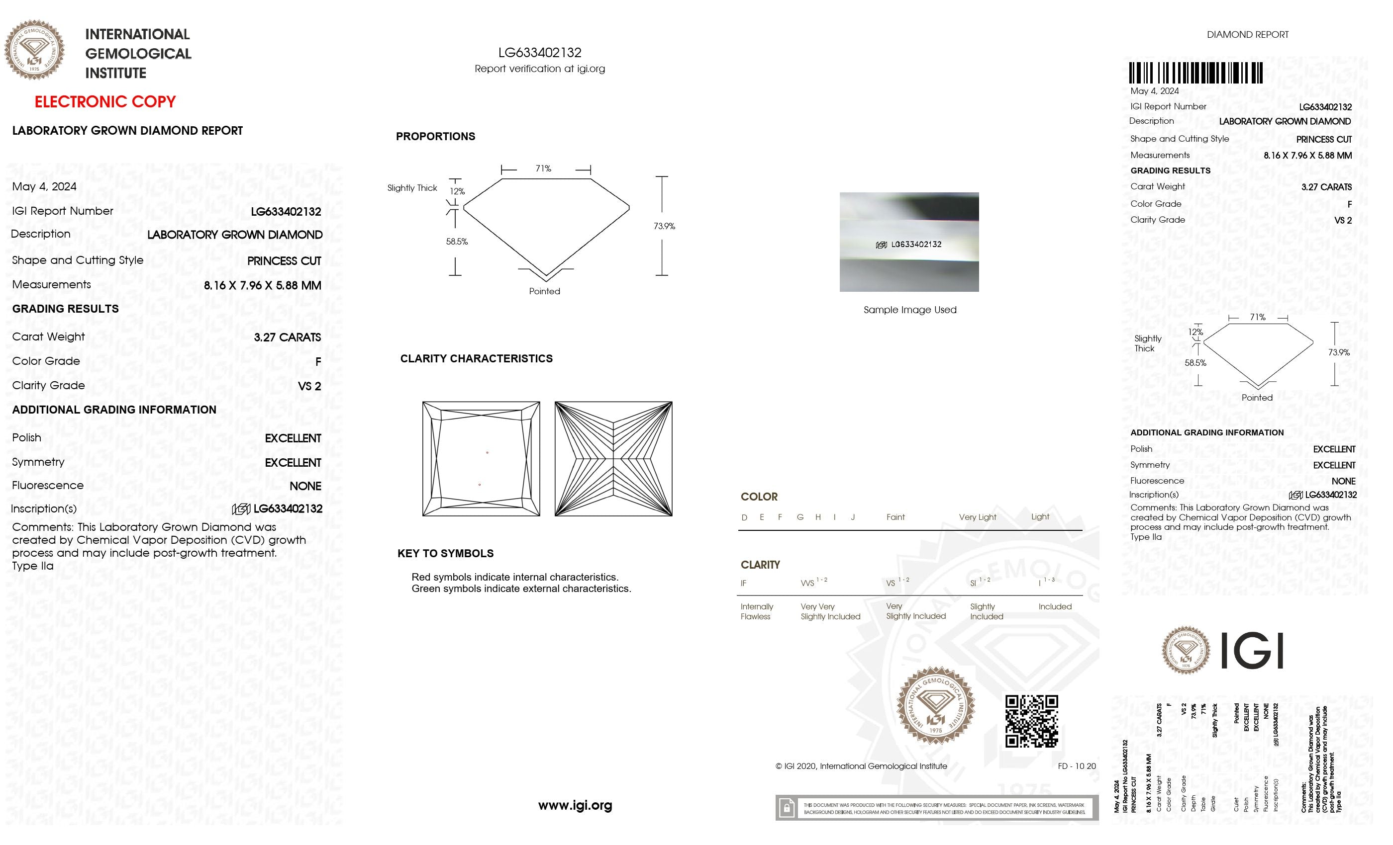 3.27 Ct. Princess Wholesale IGI Certified Lab Grown Loose Diamond. (VS2 / F)
