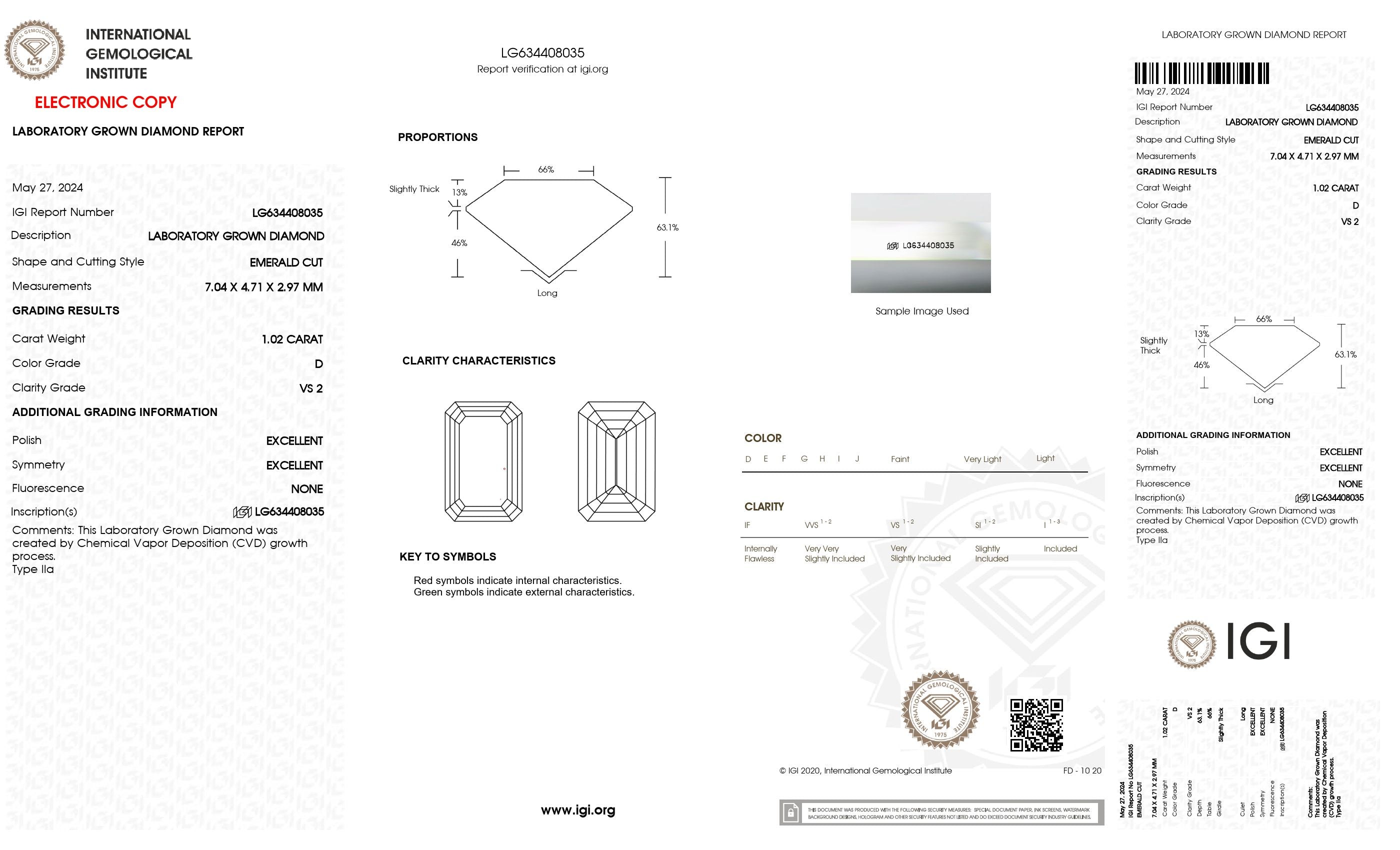 1.02 ct. Emerald Wholesale IGI Certified Lab Grown Loose Diamond. (VS2 / D)
