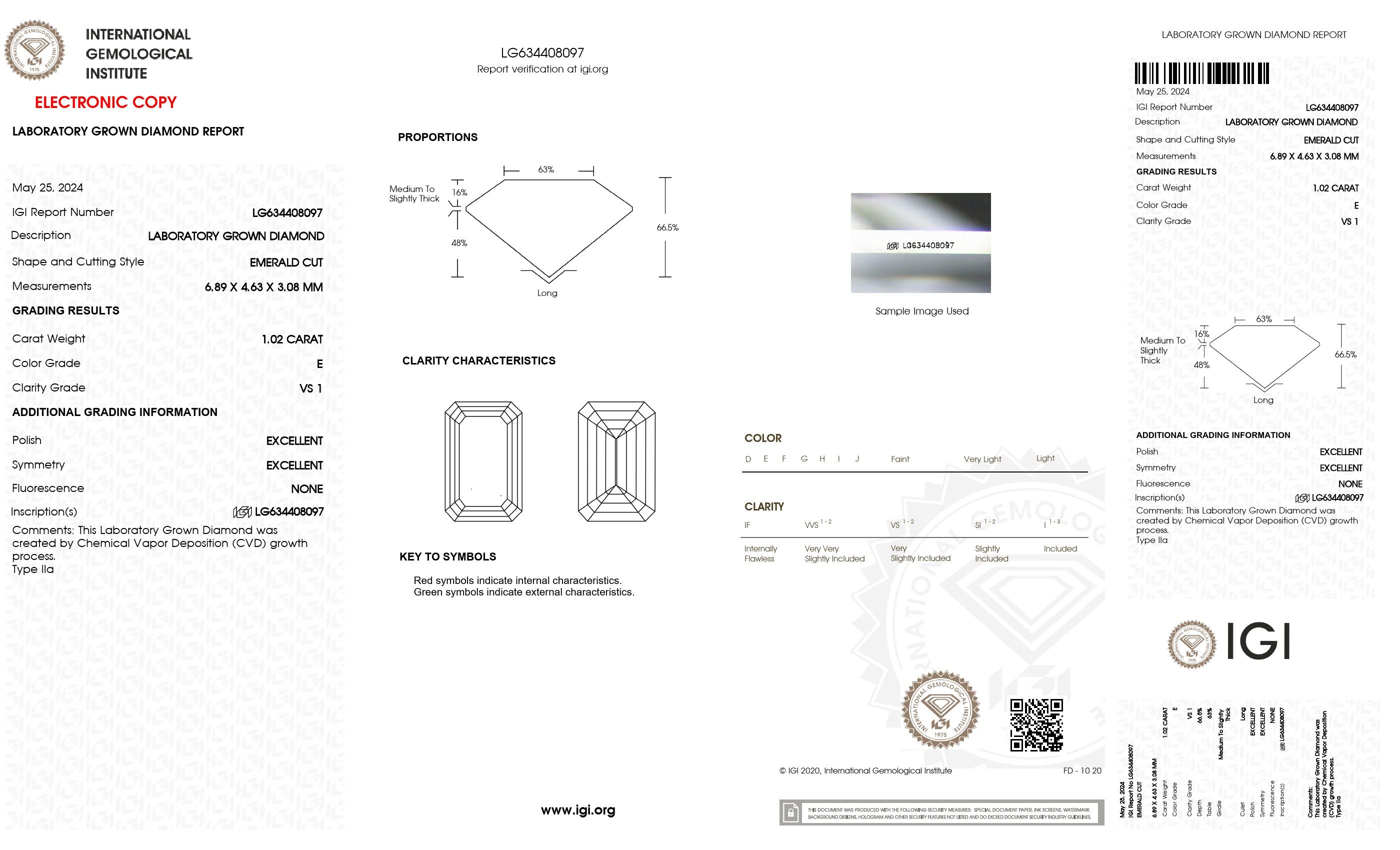 1.02 ct. Emerald Wholesale IGI Certified Lab Grown Loose Diamond. (VS1 / E)