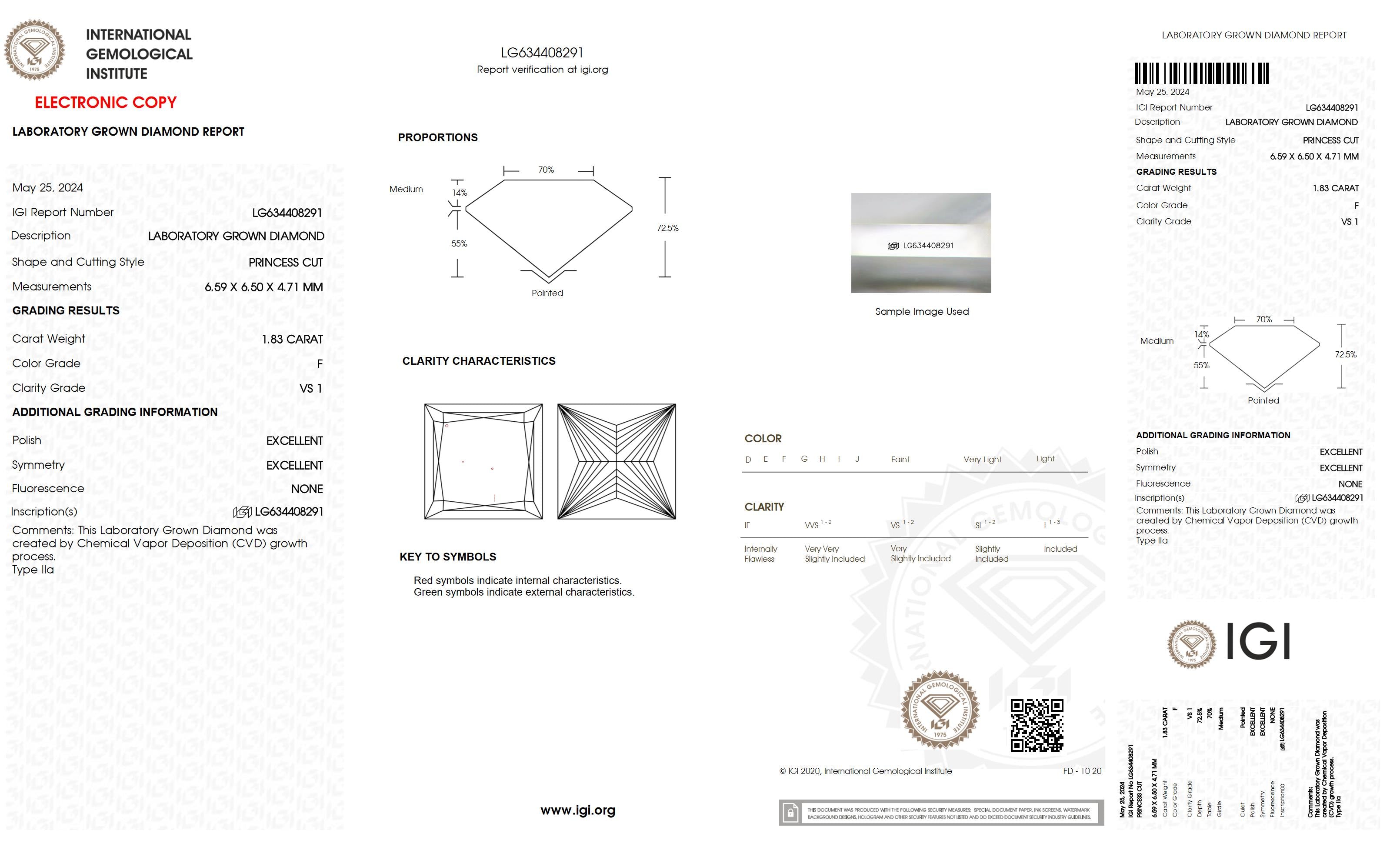 1.83 Ct. Princess Wholesale IGI Certified Lab Grown Loose Diamond. (VS1 / F)