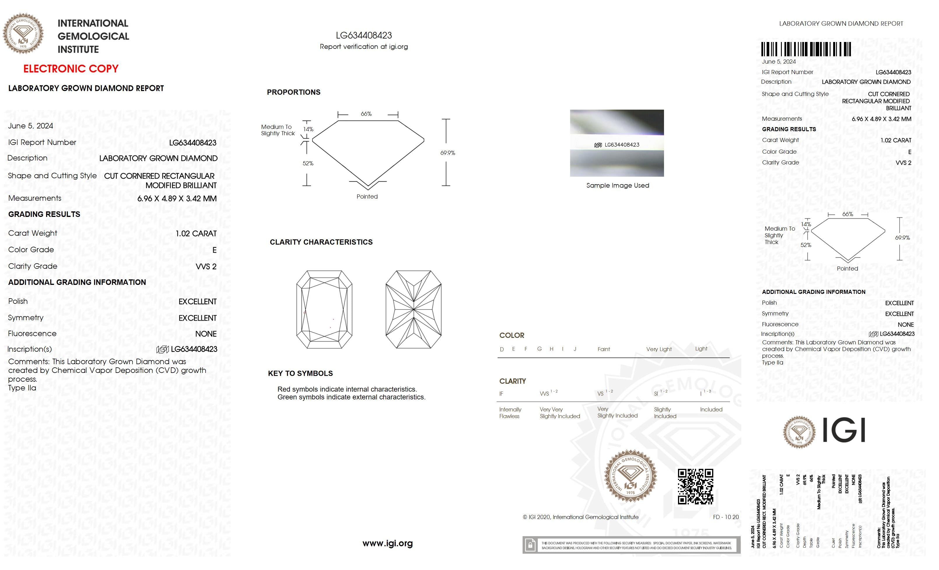 1.02 Ct. Radiant Wholesale IGI Certified Lab Grown Loose Diamond. (VVS2 / E)