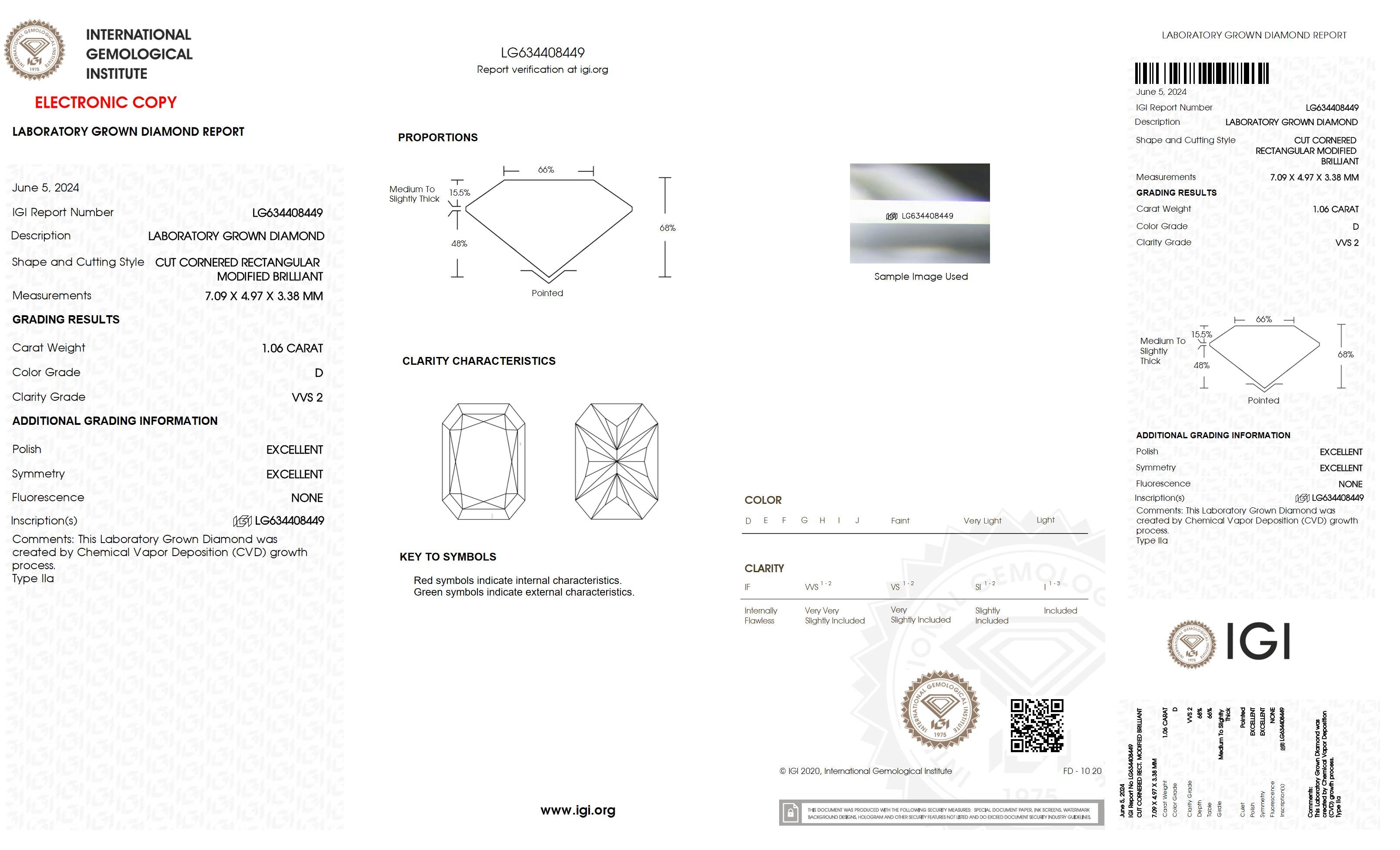 1.06 Ct. Radiant Wholesale IGI Certified Lab Grown Loose Diamond. (VVS2 / D)