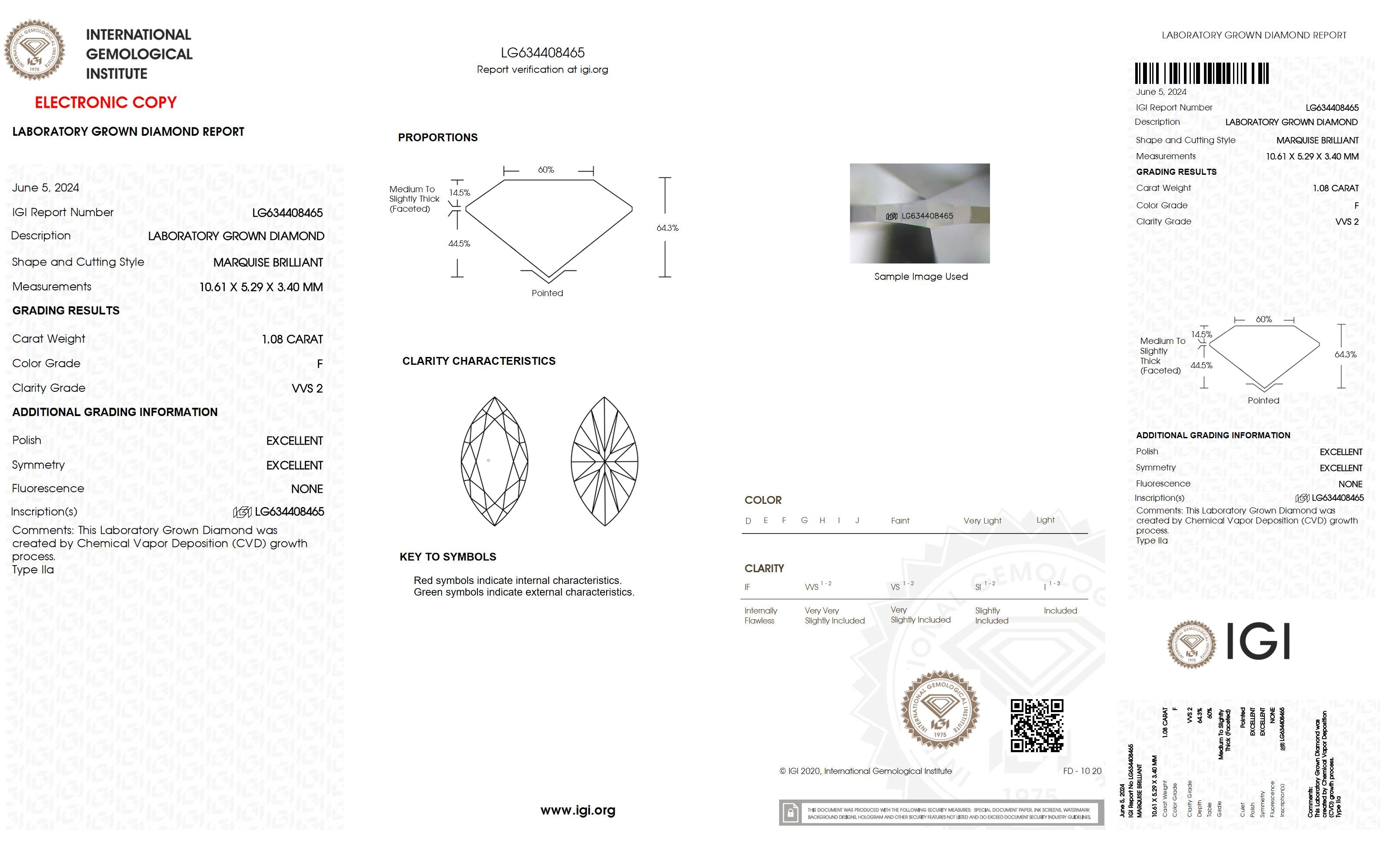 1.08 Ct. Marquise Wholesale IGI Certified Lab Grown Loose Diamond. (VVS2 / F)