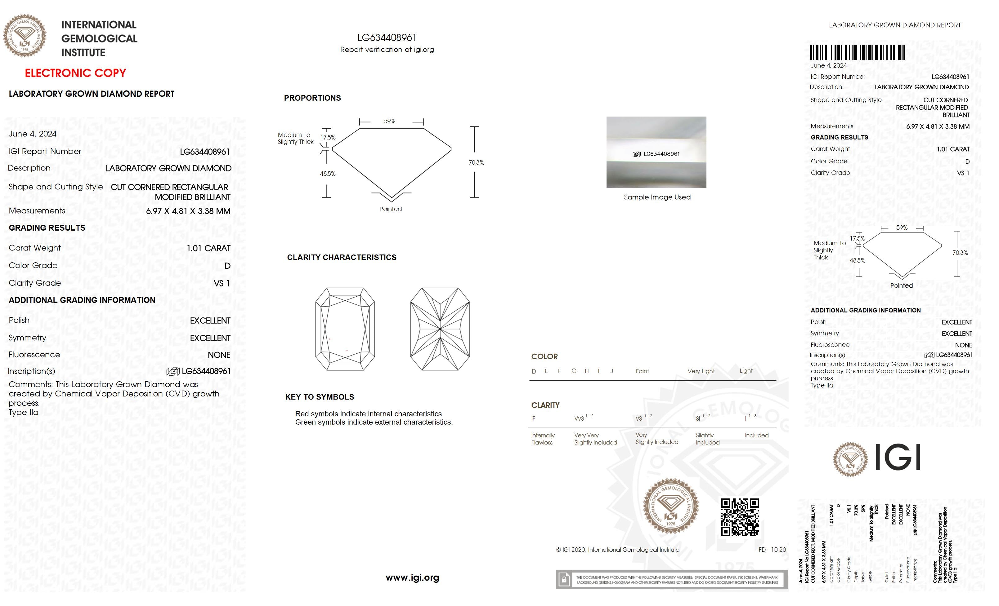 1.01 Ct. Radiant Wholesale IGI Certified Lab Grown Loose Diamond. (VS1 / D)